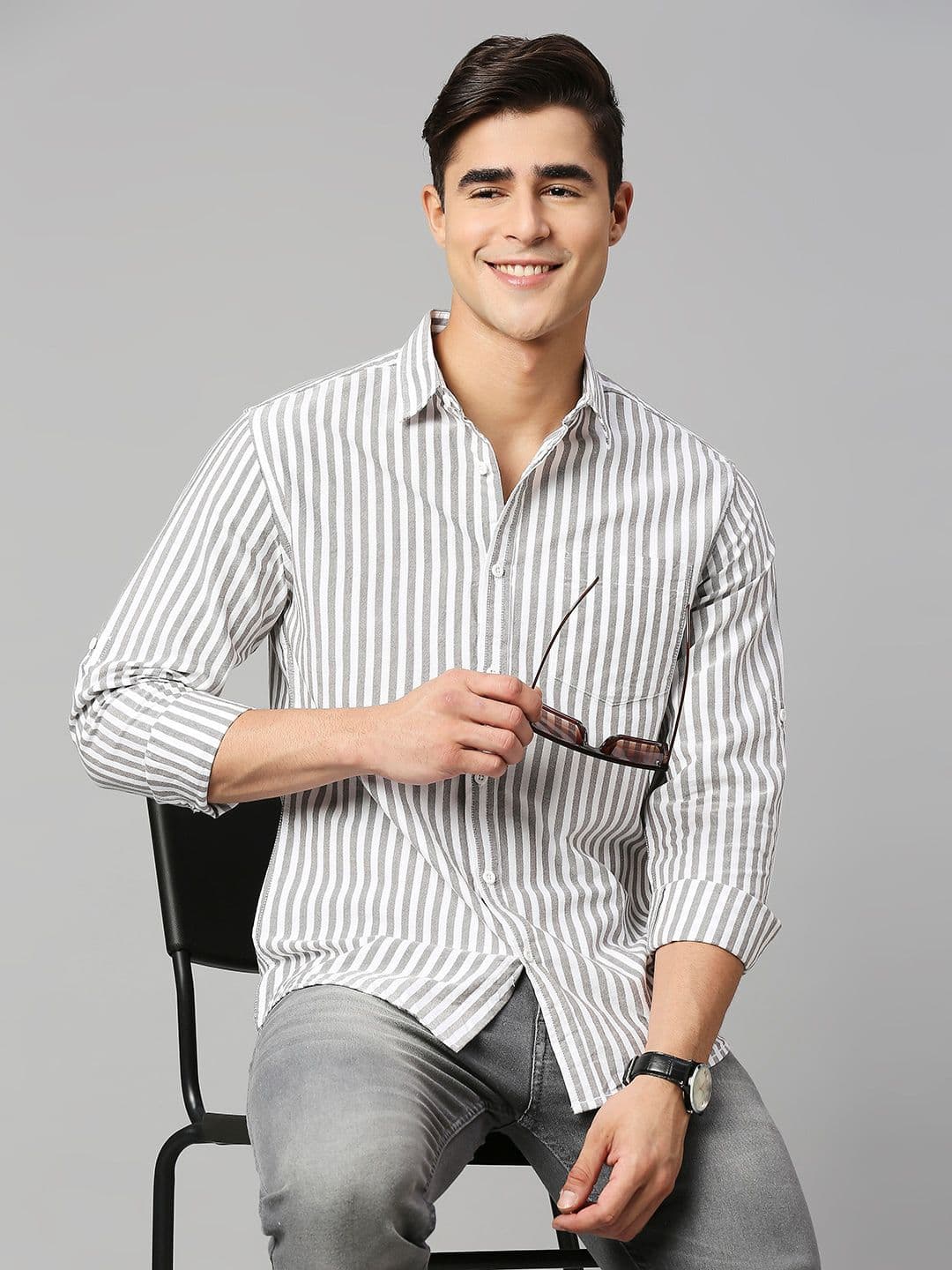 HERE&NOW Black Classic Slim Fit Vertical Striped Pure Cotton Casual Shirt - view 1
