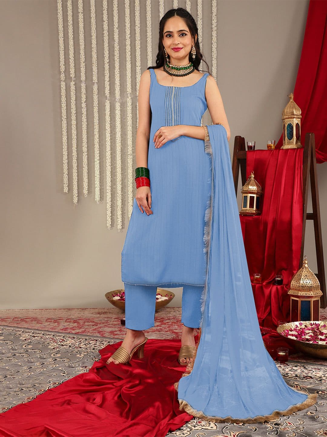 Varanga Yoke Design Regular Gotta Patti Silk Crepe Kurta with Palazzos & Dupatta - view 1