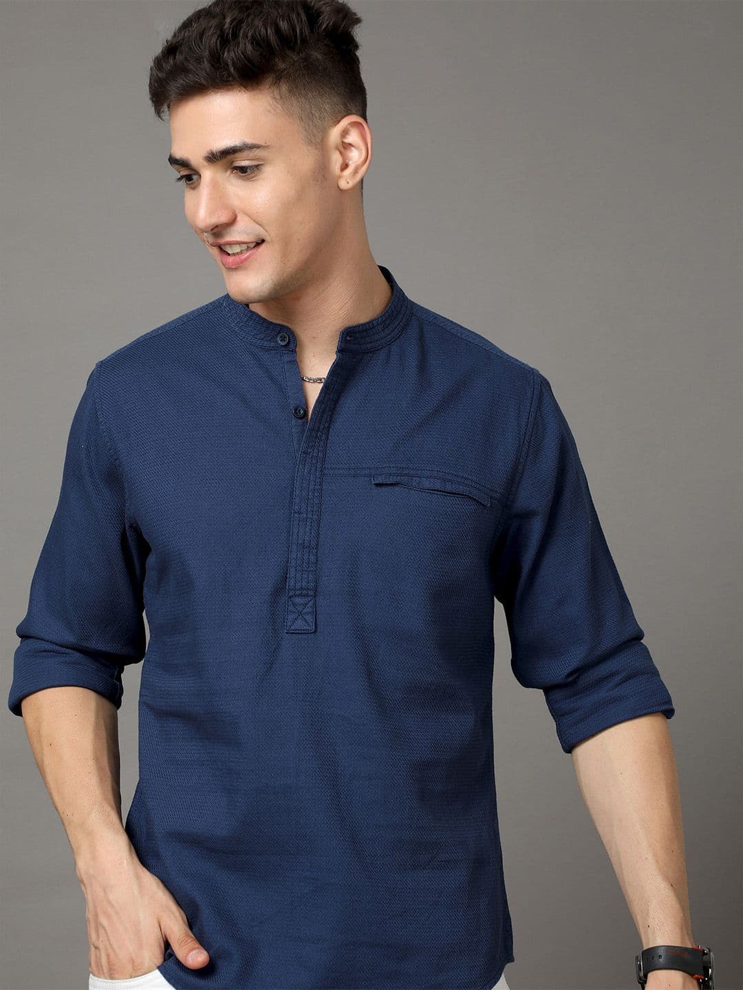 HERE&NOW Navy Blue Self Design Band Collar Cotton Casual Shirt - view 1