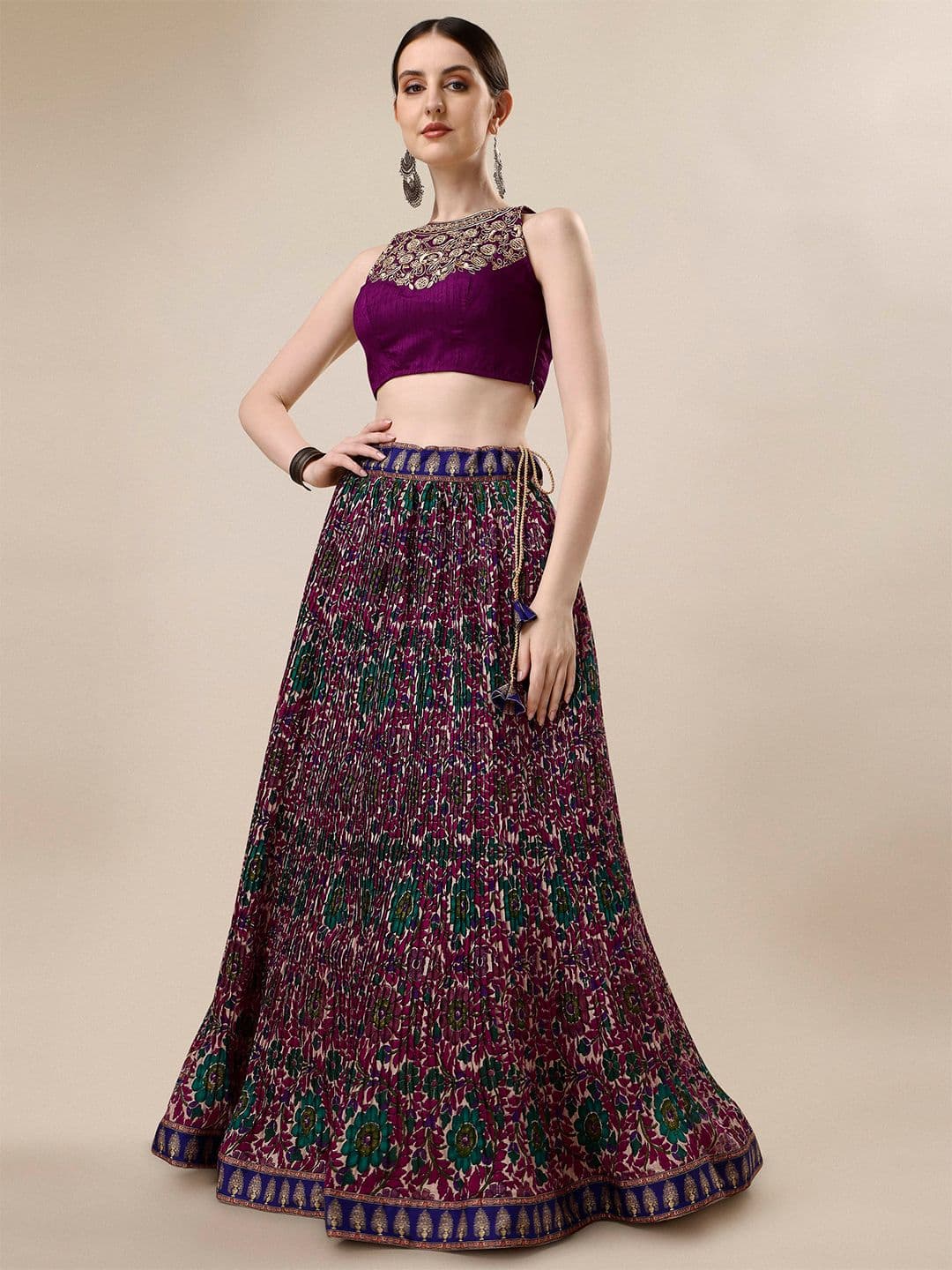SAPTRANGI Printed Foil Print Semi-Stitched Lehenga & Unstitched Blouse With Dupatta - view 1