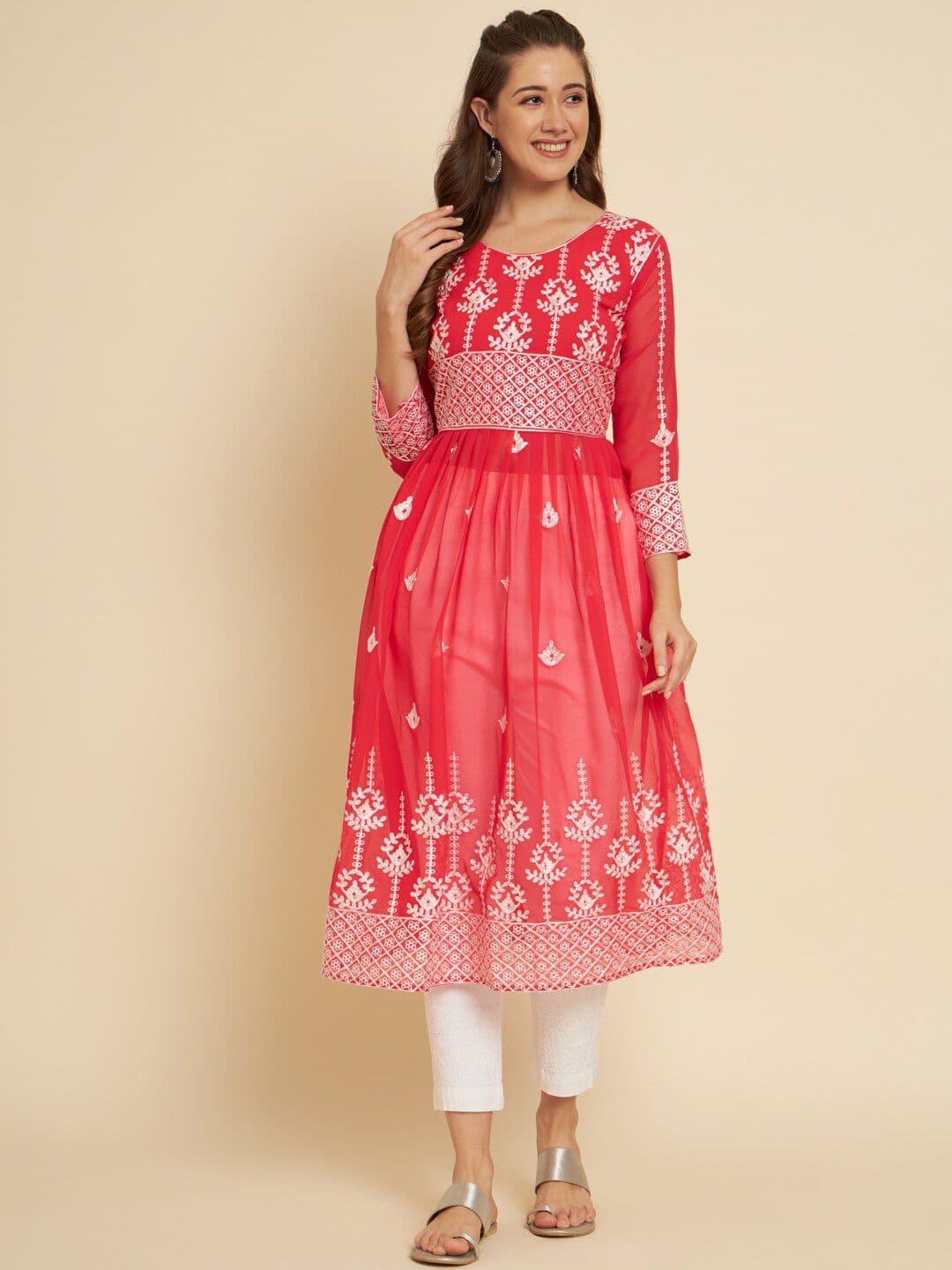 HERE&NOW Pink & White Ethnic Motifs Chikankari Embroidered Anarkali Georgette Kurta - view 1