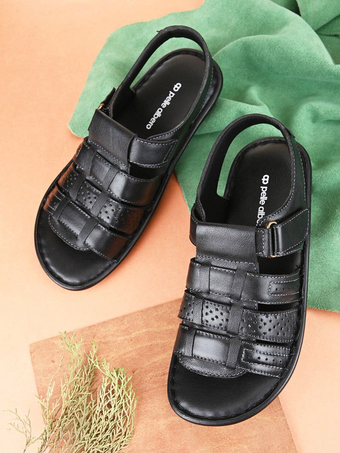 pelle albero Men Leather Comfort Sandals With Velcro Closure - view 1