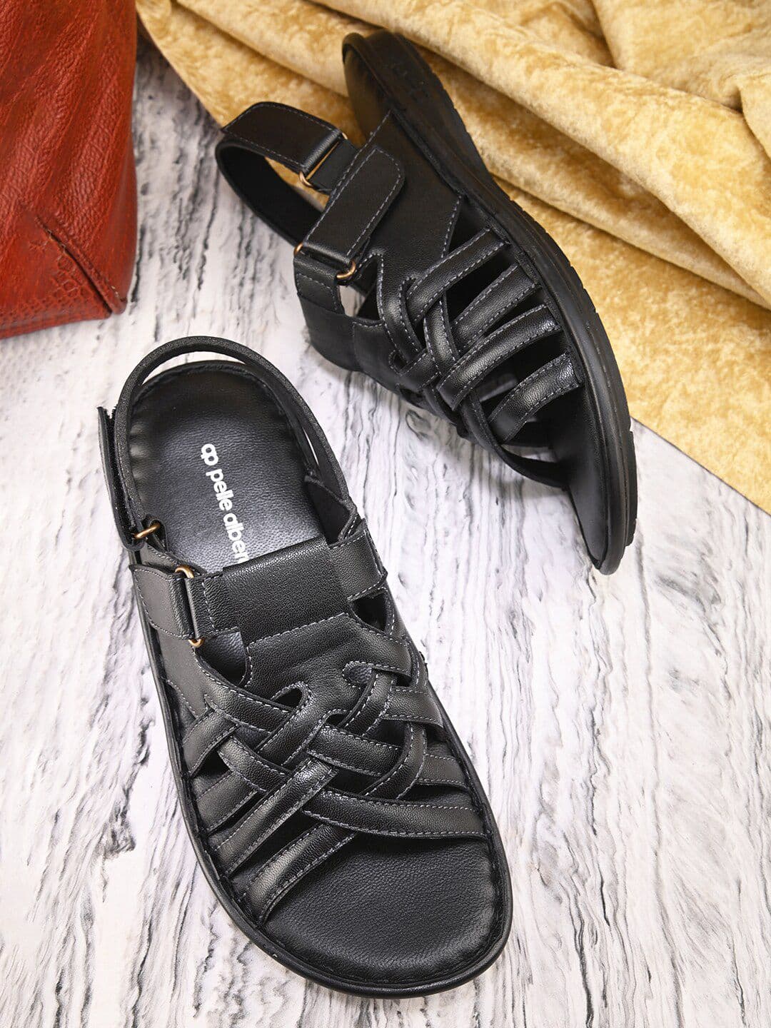 pelle albero Men Leather Fisherman Sandals With Velcro Closure - view 1