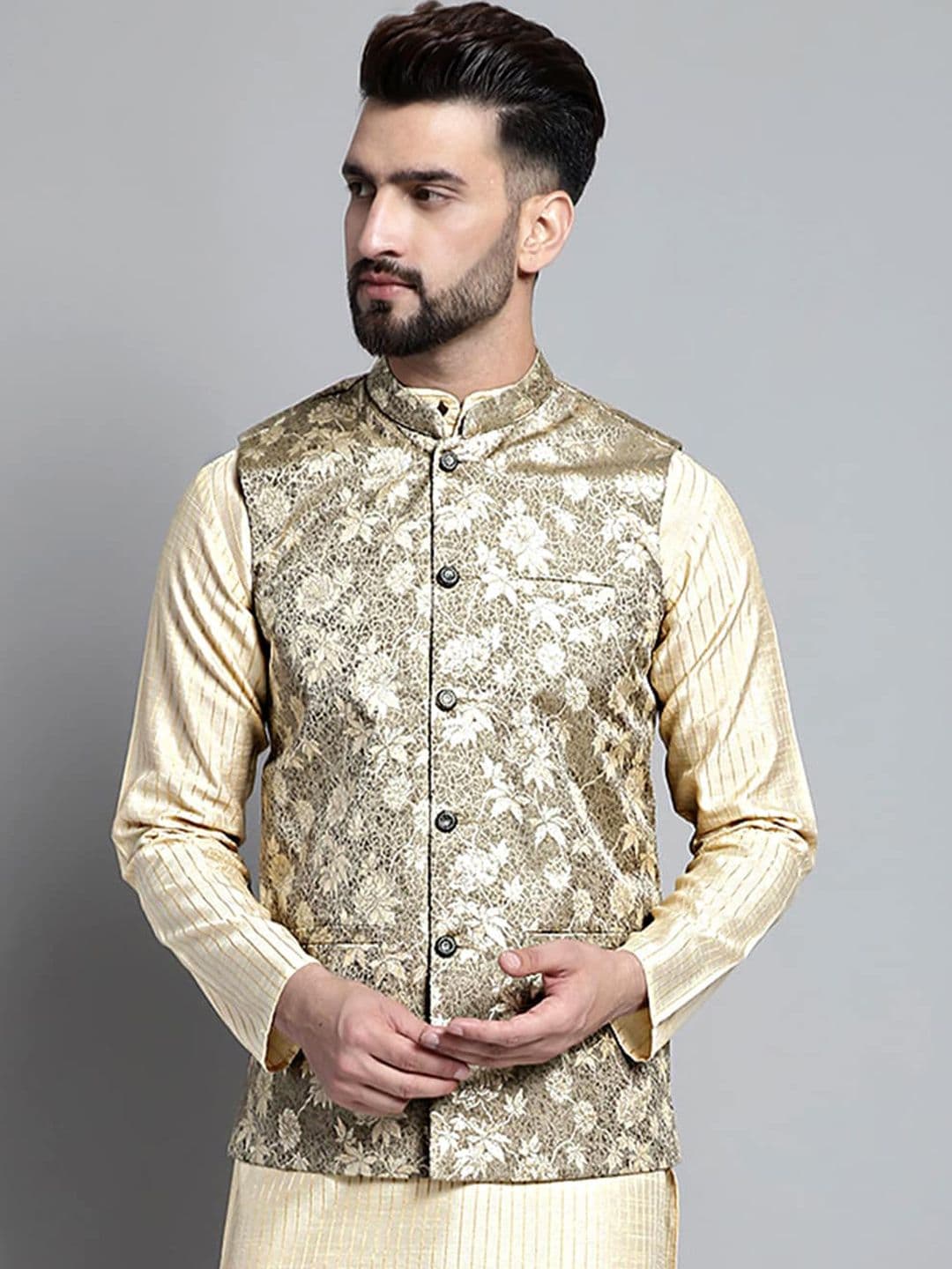 Jompers Ethnic Motifs Woven-Design Nehru Cotton Silk Jacket - view 1