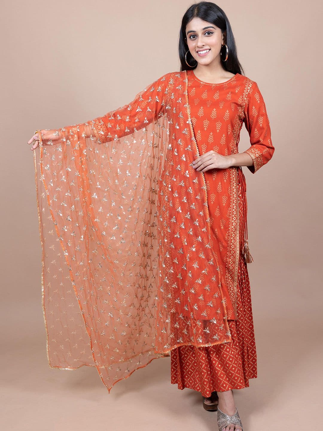 HERE&NOW Orange & Gold-Toned Ethnic Motifs Embroidered Dupatta - view 1