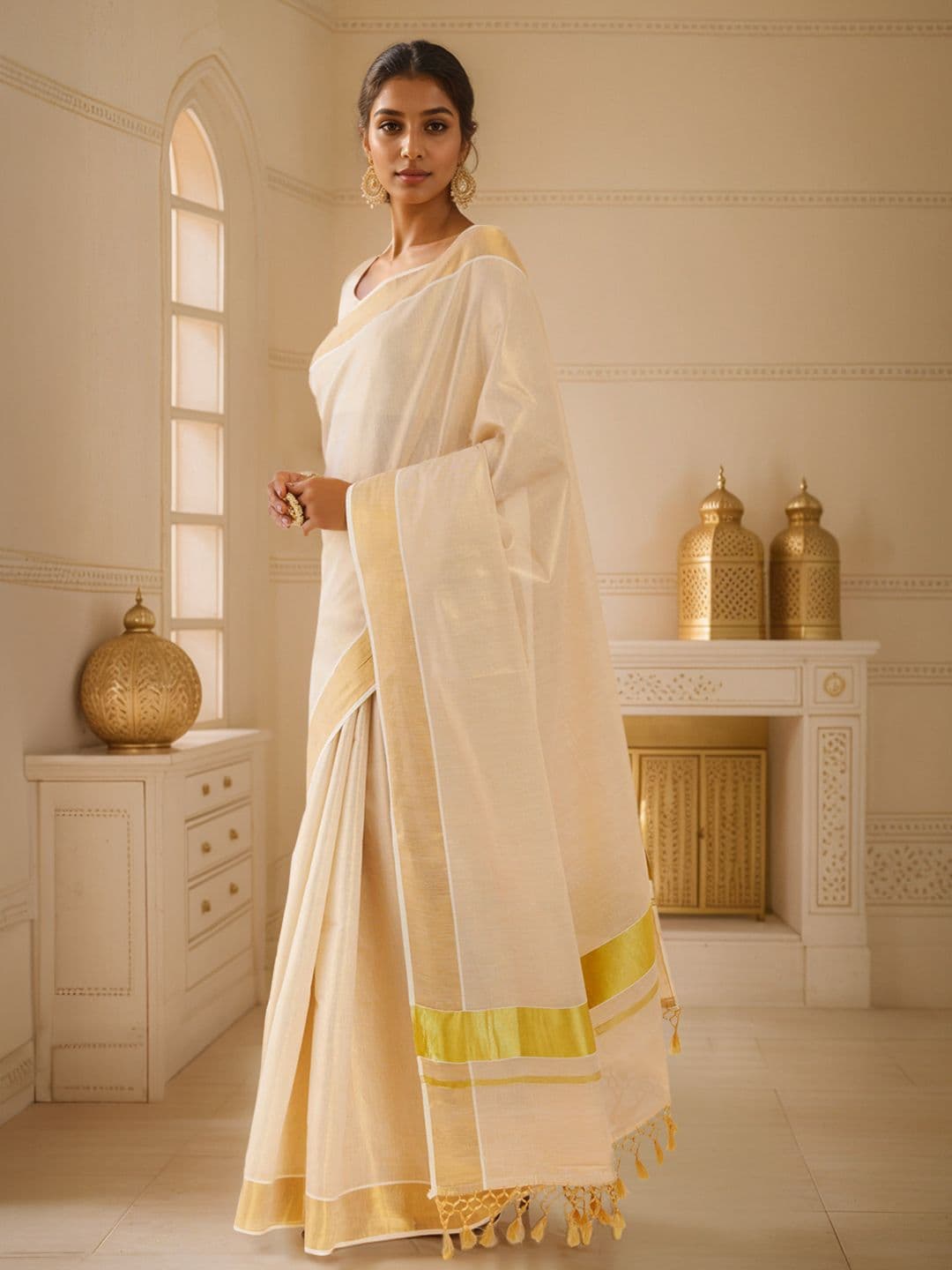 Soch Off White & Gold-Toned Zari Tissue Kasavu Saree - view 1