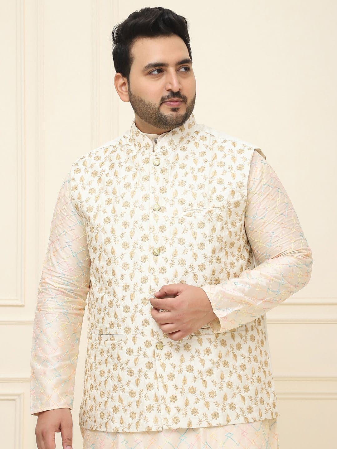 SOJANYA PLUS Plus Size Embroidered Cotton Linen Nehru Jacket - view 1