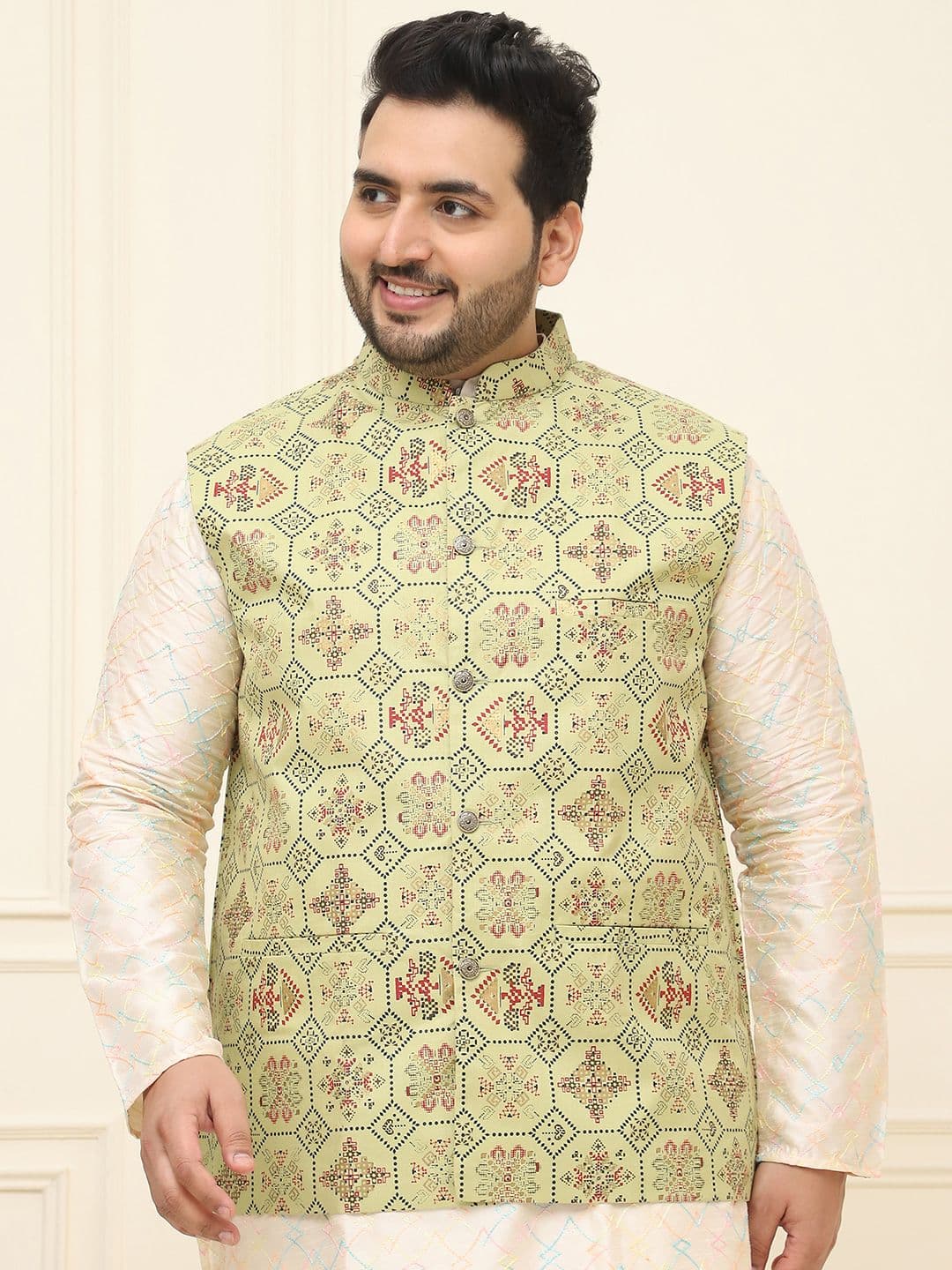 SOJANYA PLUS Plus Size Printed Cotton Linen Nehru Jacket - view 1
