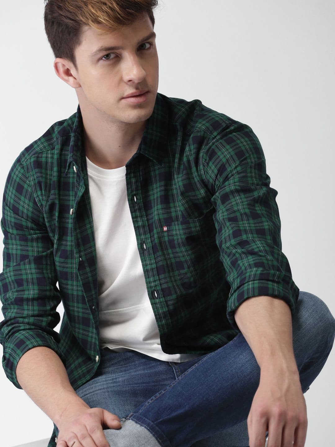 Harvard Men Navy & Green Slim Fit Checked Casual Shirt - view 1