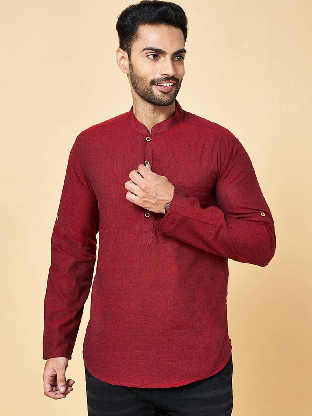 indus route by Pantaloons Mandarin Collar Thread Work Pathani Kurta - view 1