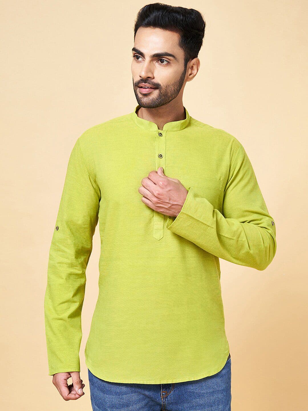 indus route by Pantaloons Mandarin Collar Cotton Kurta - view 1