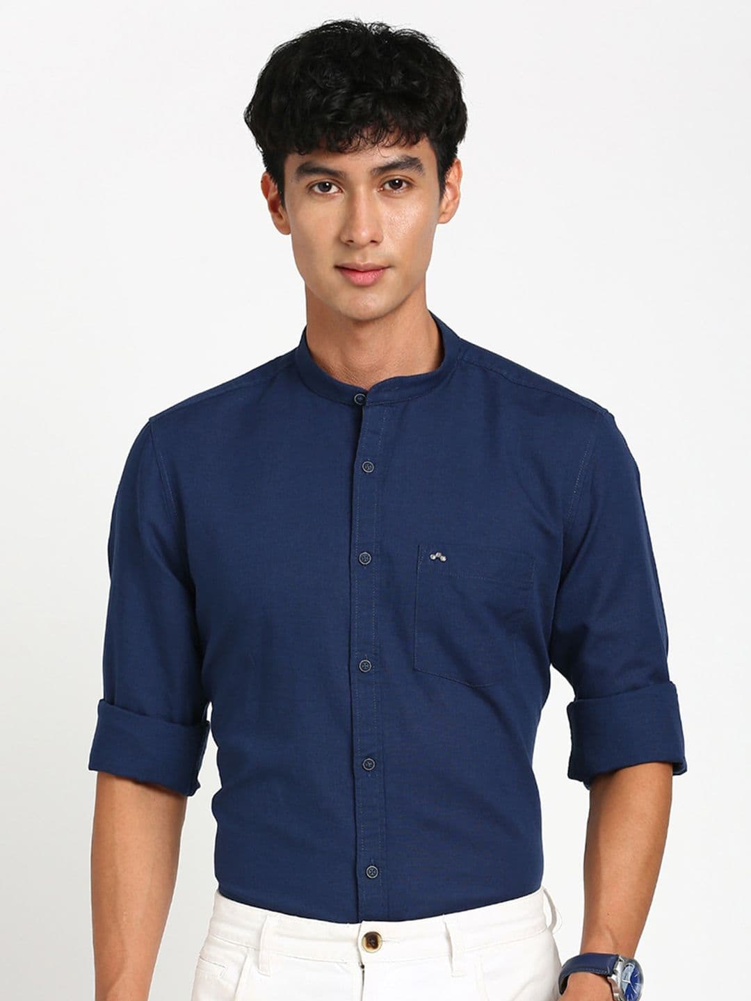 Turtle Band Collar Relaxed Slim Fit Linen Cotton Formal Shirt - view 1
