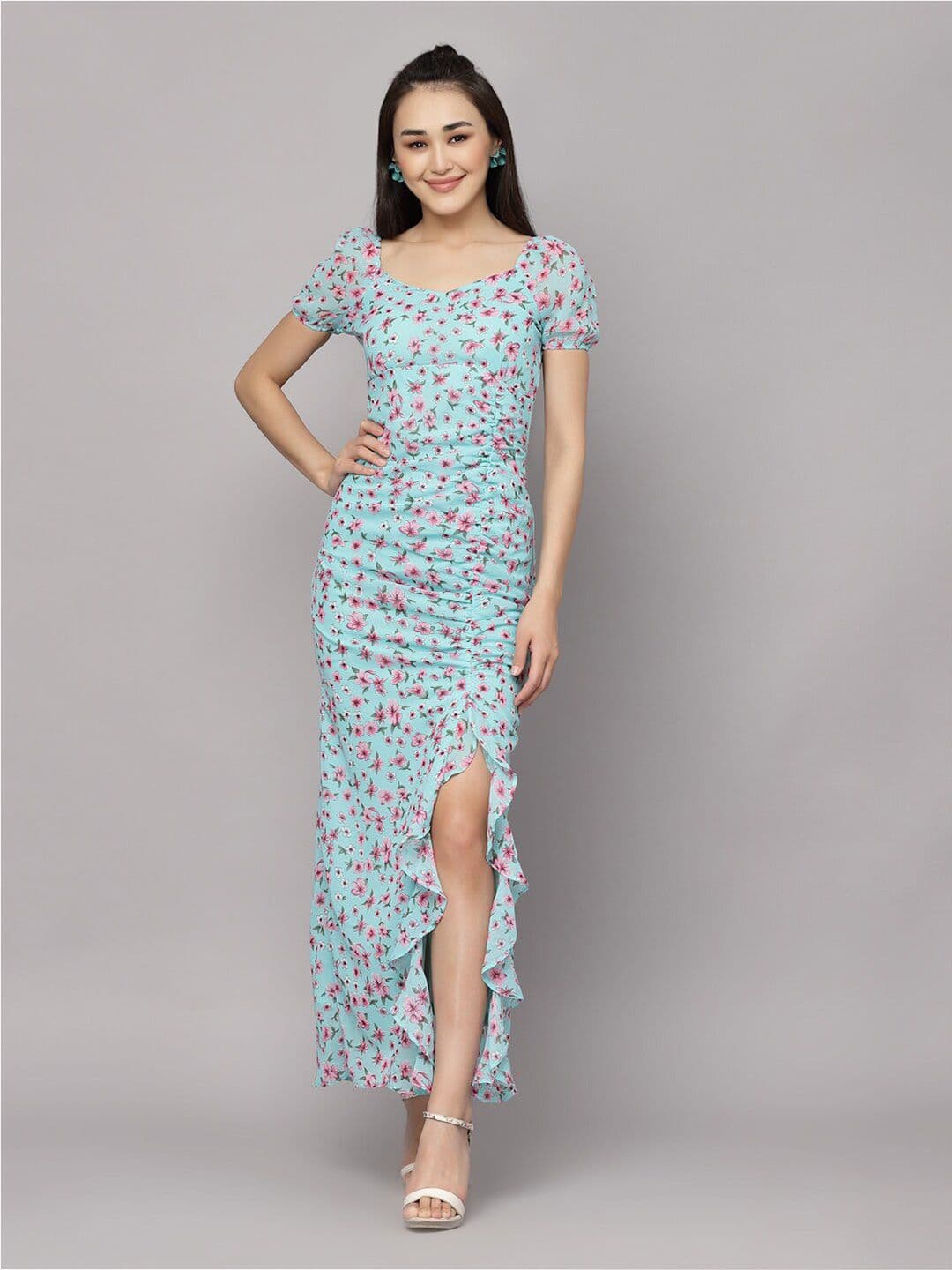 aayu Floral Printed V-Neck Puff Sleeves Ruffles Detailed Ruched Maxi Dress - view 1