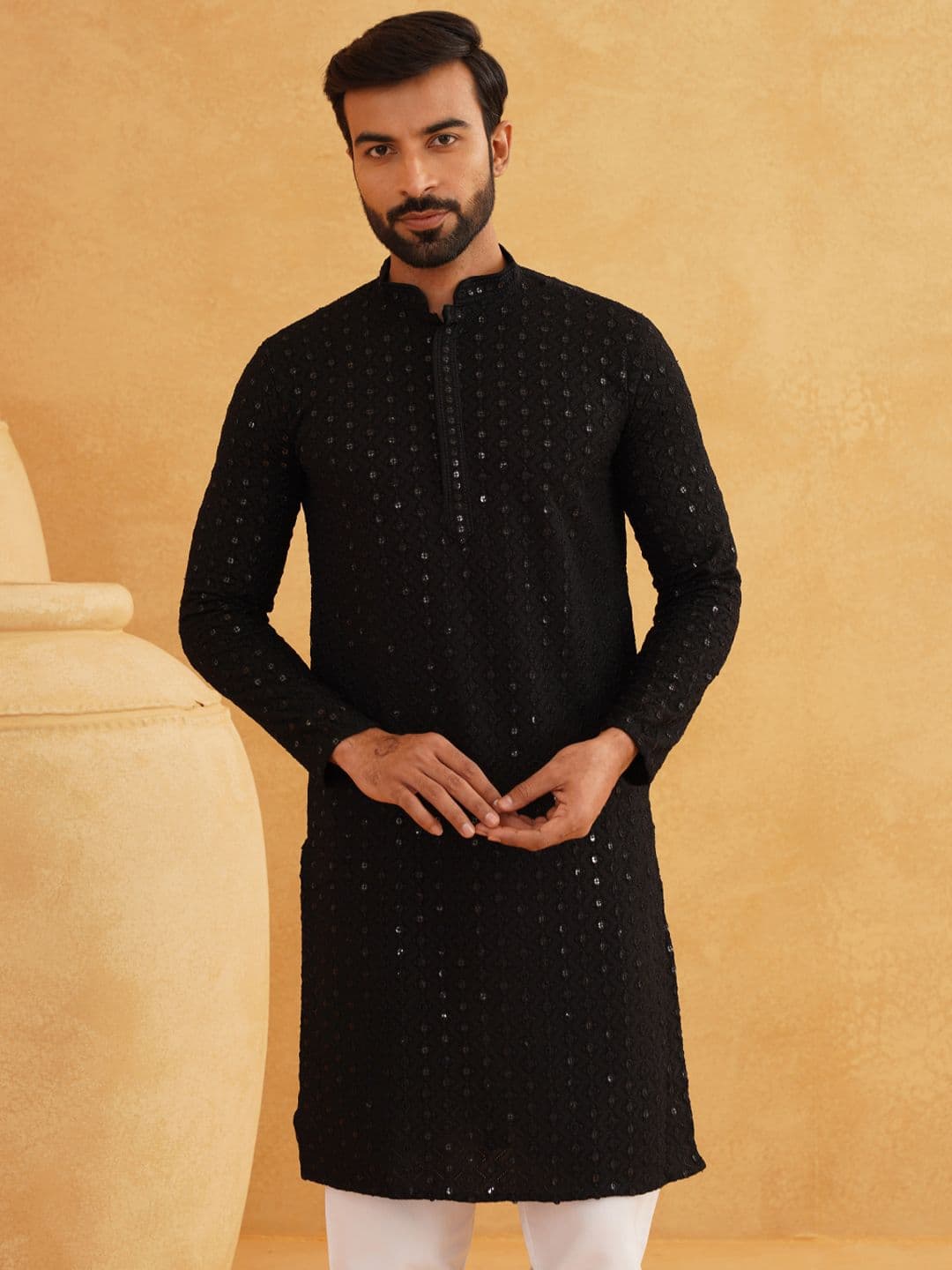 SOJANYA Mandarin Collar Sequined Pure Cotton Kurta - view 1