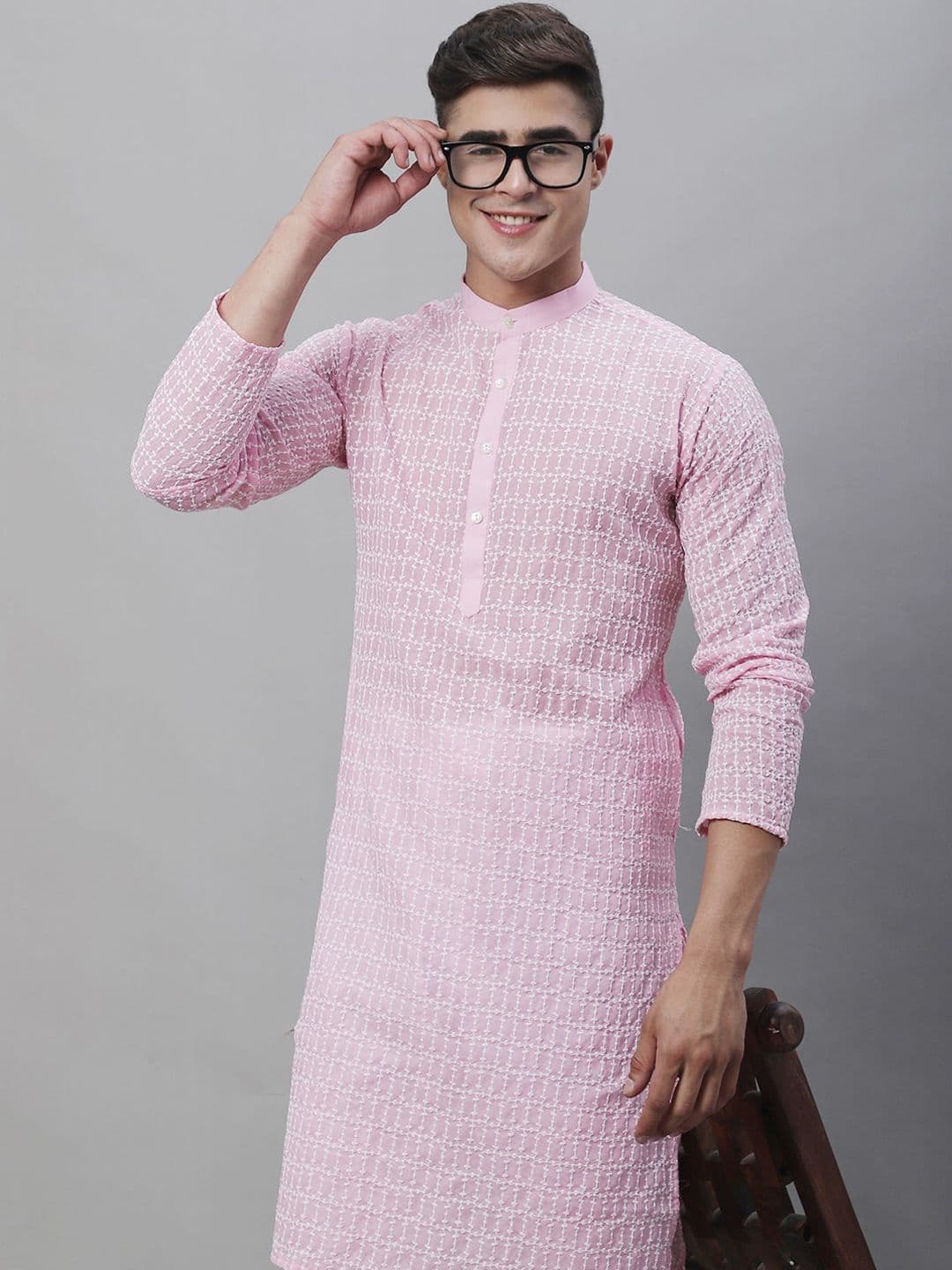 SOJANYA Mandarin Collar Embroidered Pure Cotton Kurta - view 1