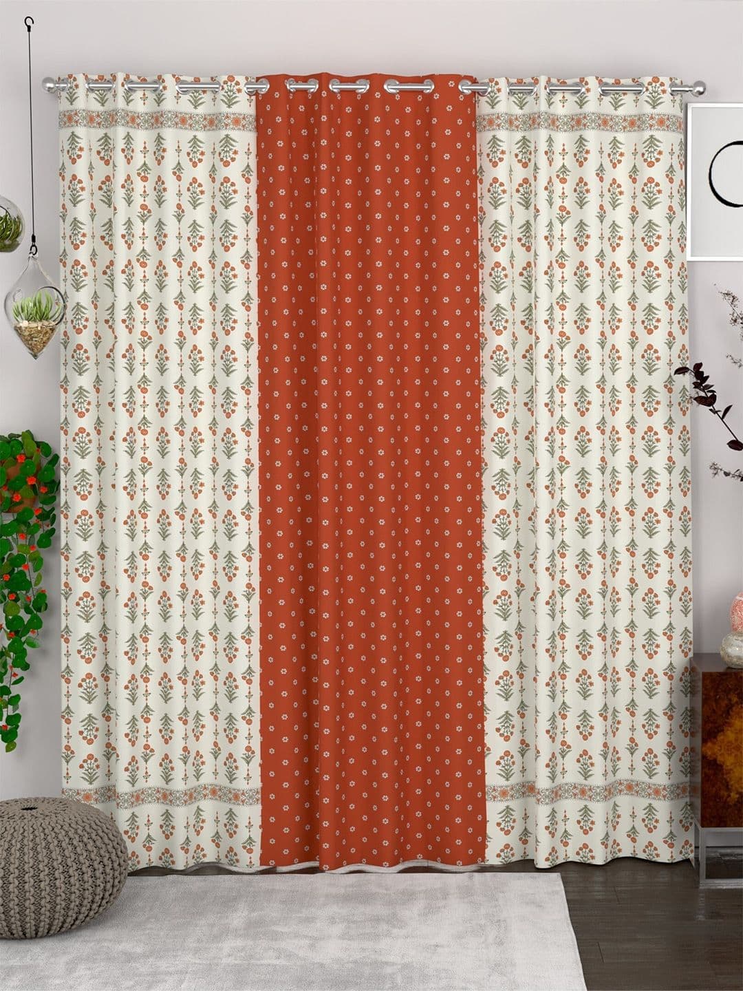 CHHAVI INDIA Orange & White 3 Pieces Ethnic Motifs Sheer Door Curtains - view 1