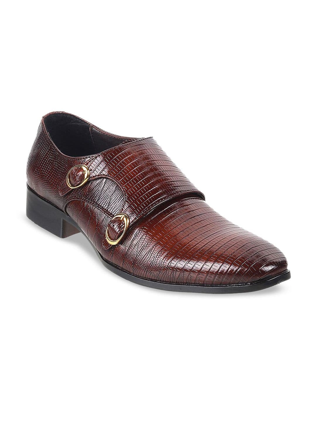 Metro Men Textured Leather Formal Monk Shoes With Buckle Detail - view 1