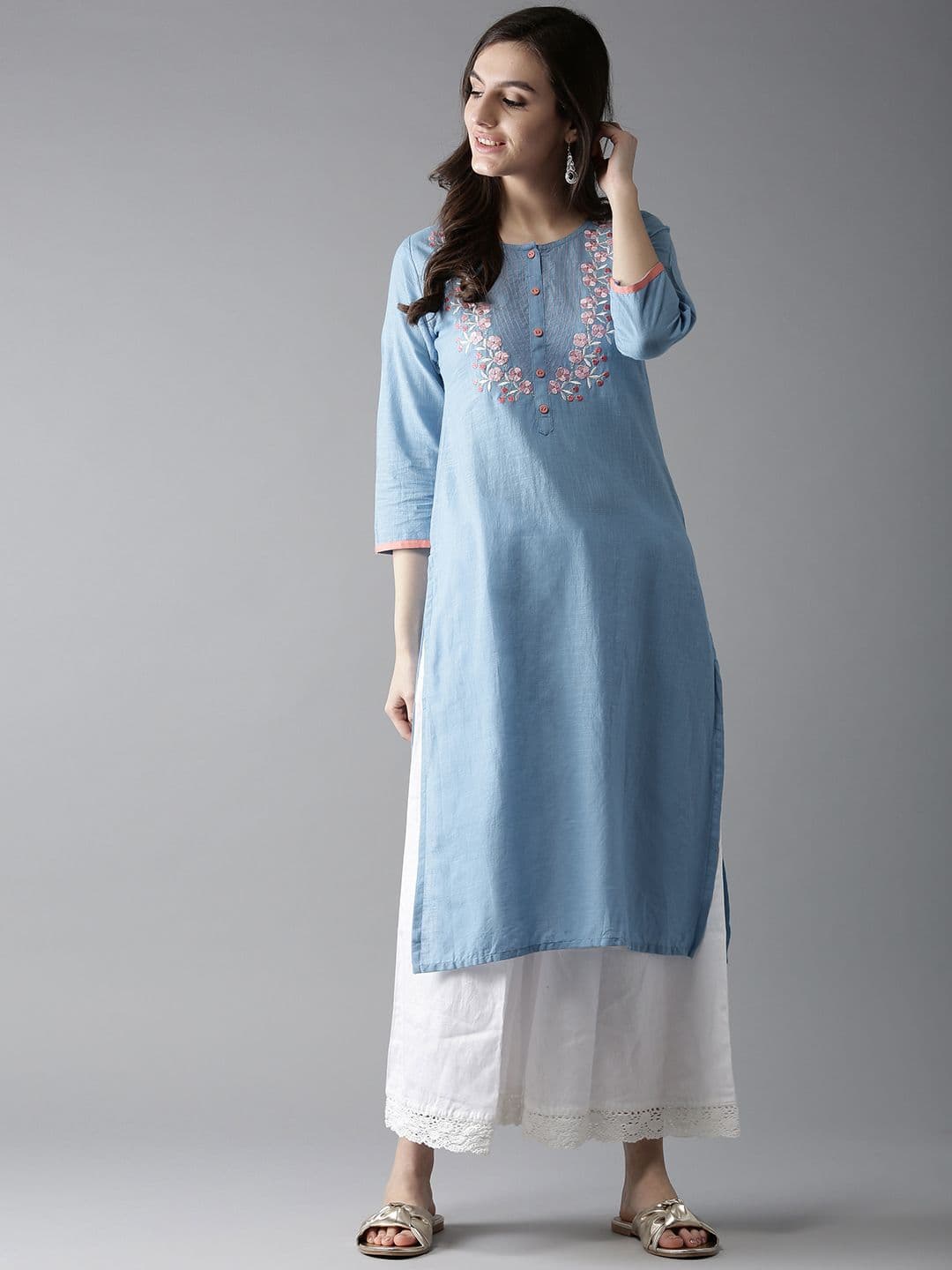 Moda Rapido Women Blue Embroidered Detail Straight Kurta - view 1