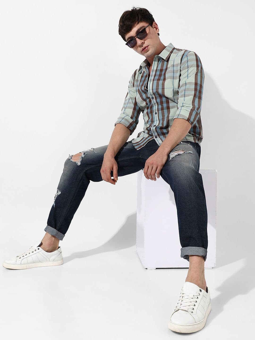 CAHOOT Cream Coloured Classic Tartan Checks Spread Collar Casual Shirt - view 1