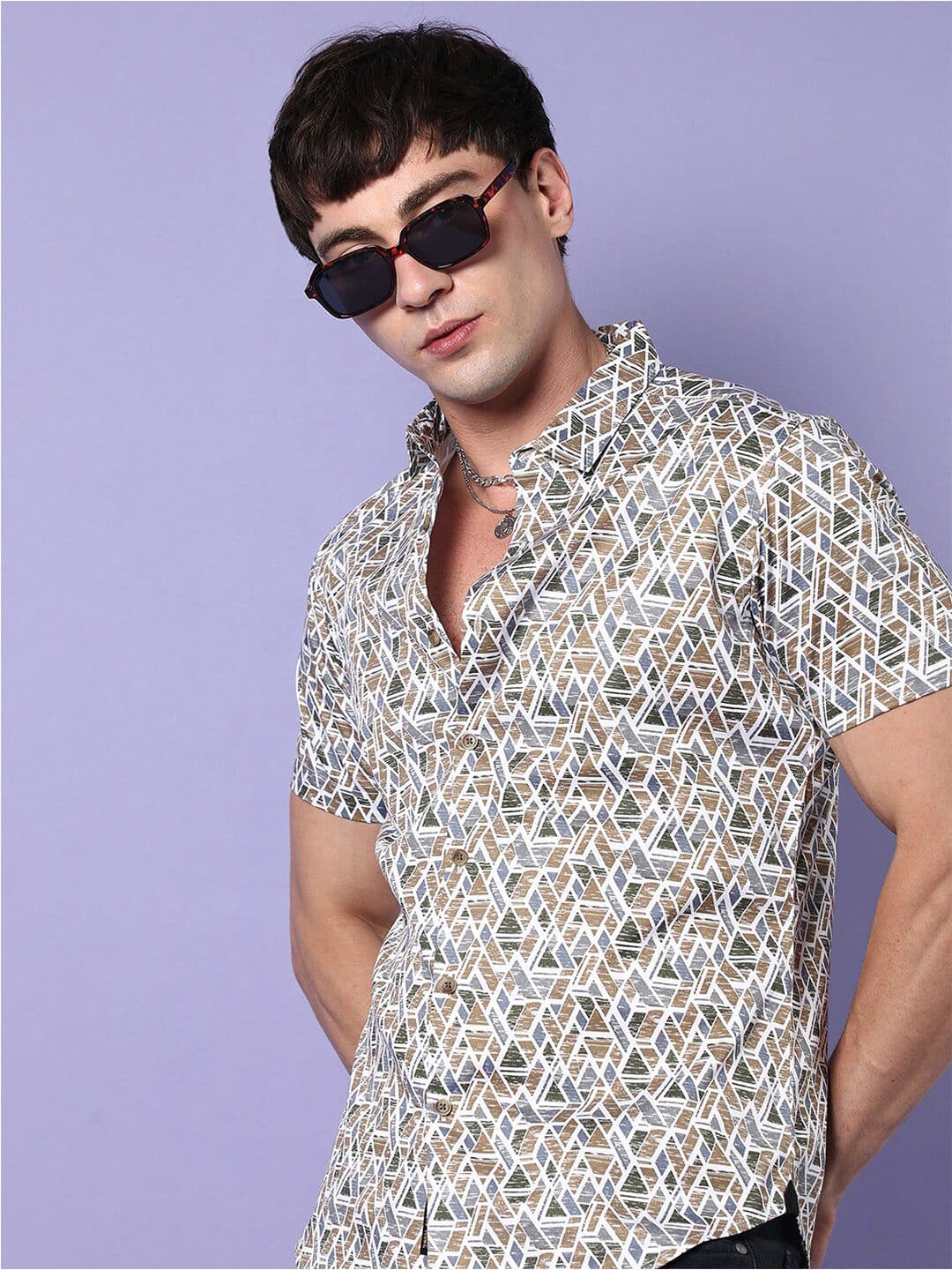 CAHOOT White & Brown Geometric Printed Classic Cotton Casual Shirt - view 1