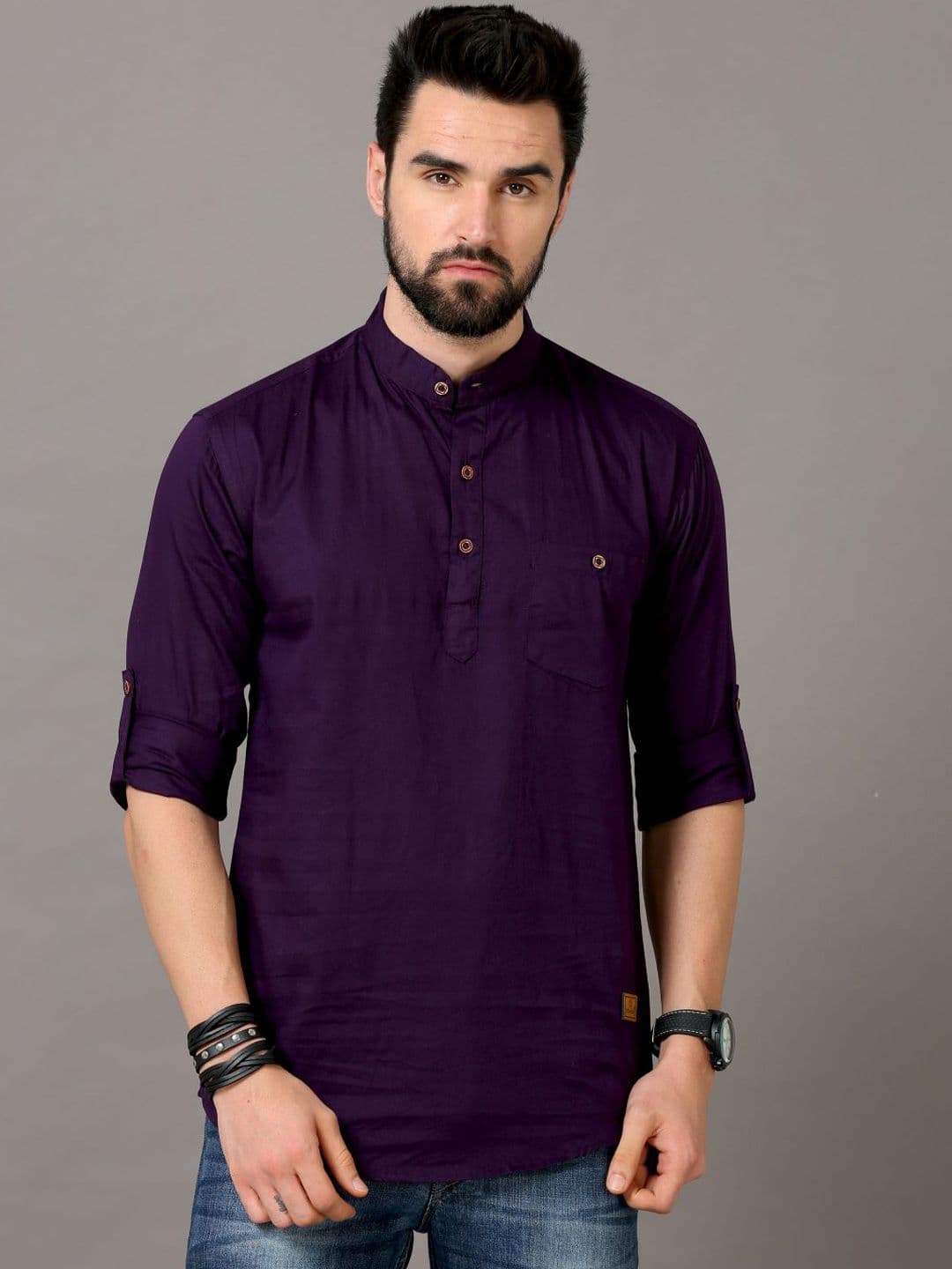 Tallwalker Mandarin Collar Roll-Up Sleeves Straight Kurta - view 1