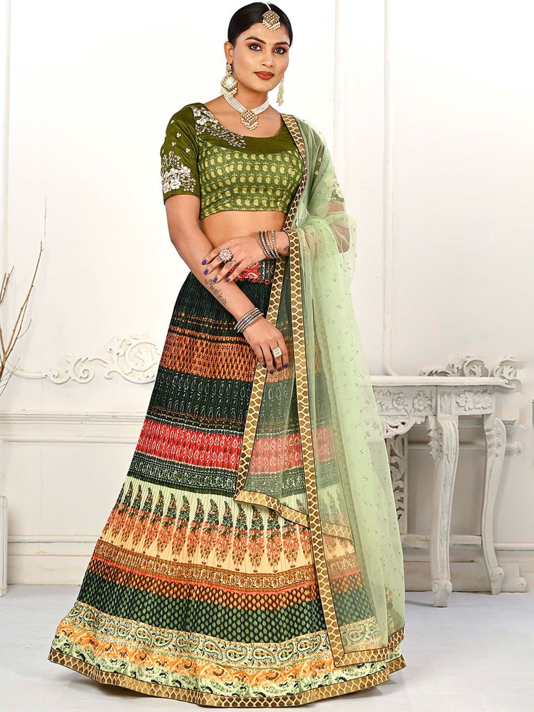 SAPTRANGI Printed Semi-Stitched Lehenga & Unstitched Blouse With Dupatta - view 1