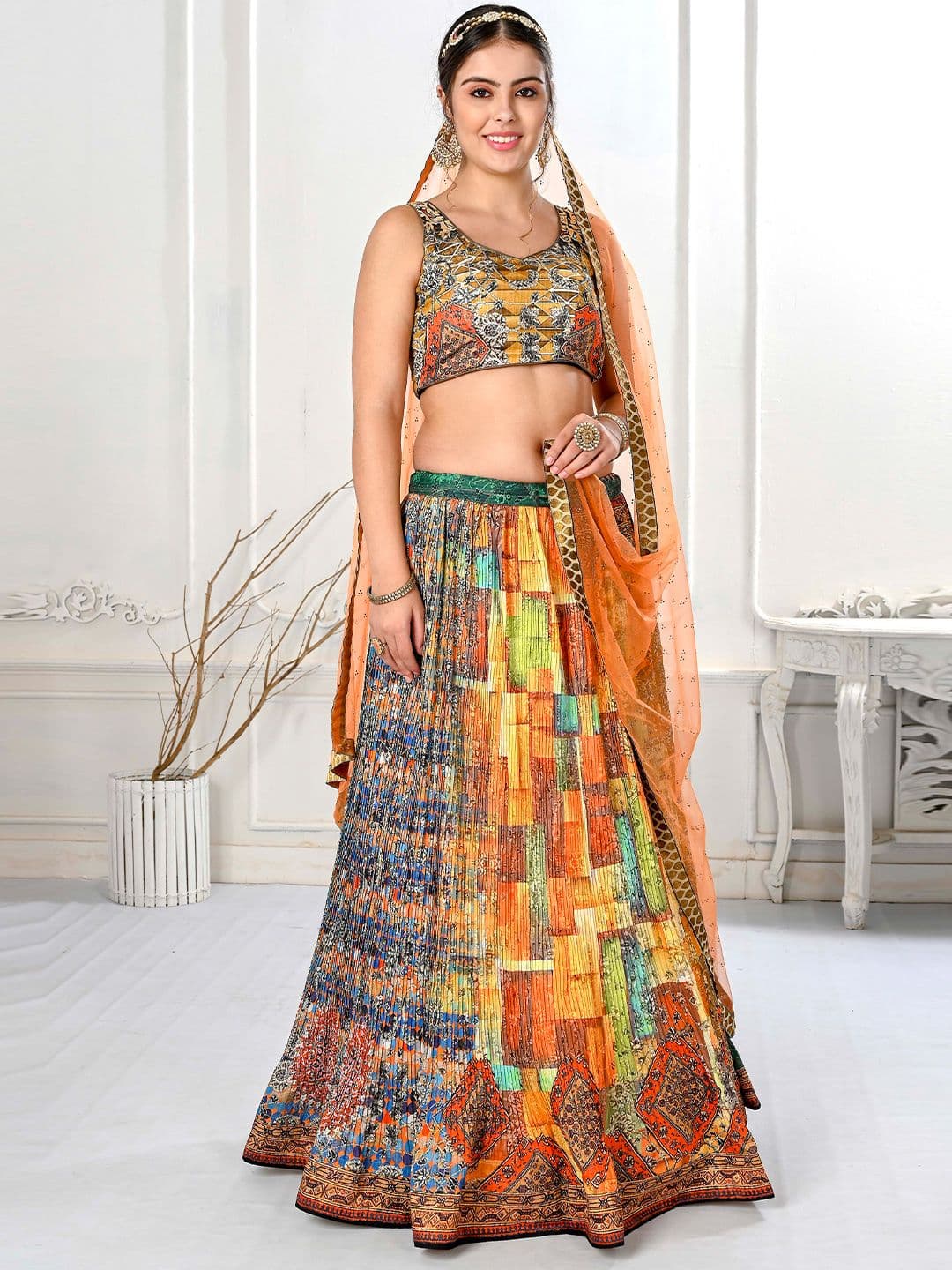 SAPTRANGI Printed Semi-Stitched Lehenga & Unstitched Blouse With Dupatta - view 1