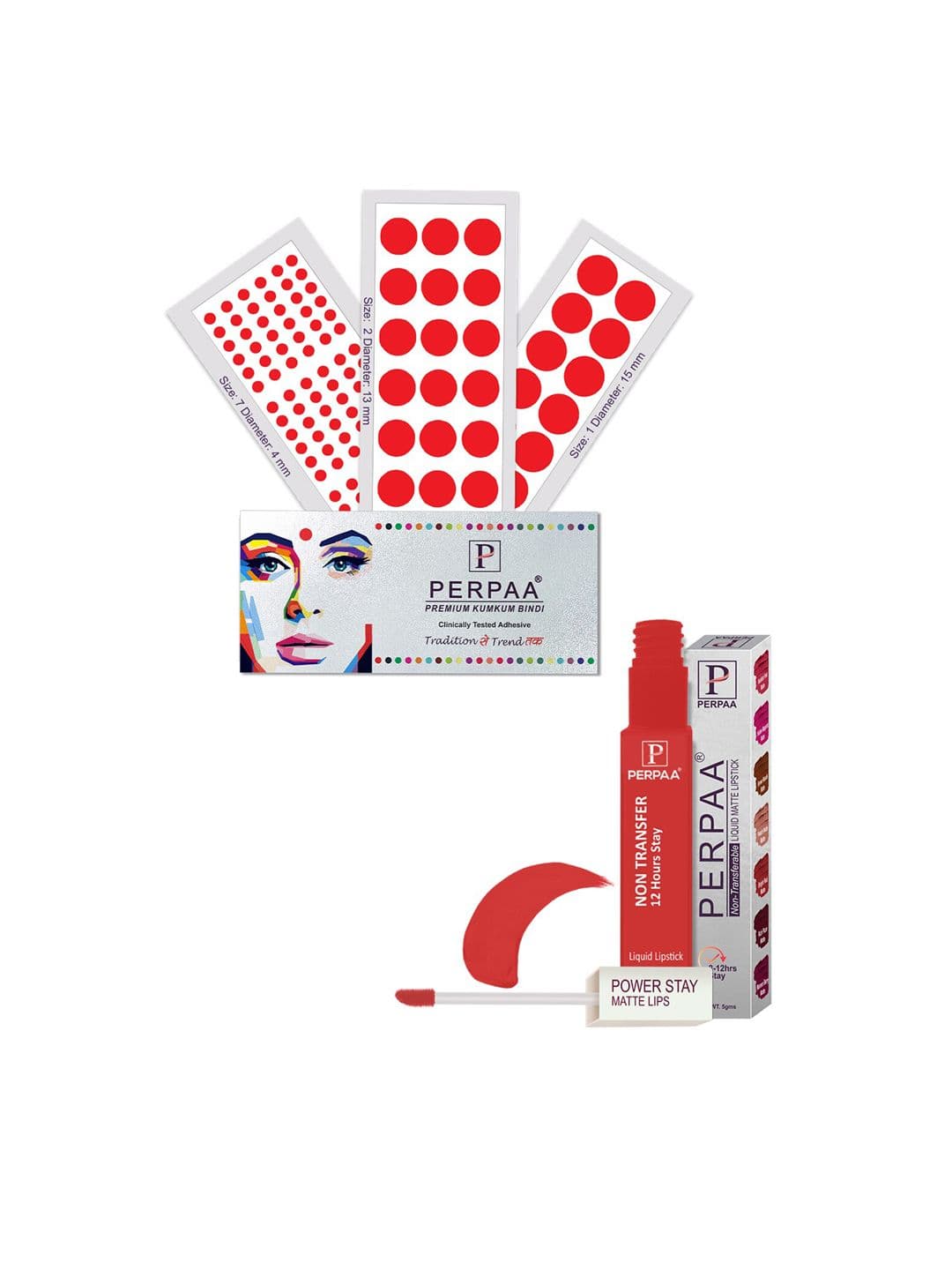 PERPAA Power Stay Non Transfer Lipstick-01 & Set of 3 Premium Red Bindis - Size 01,02,07 - view 1