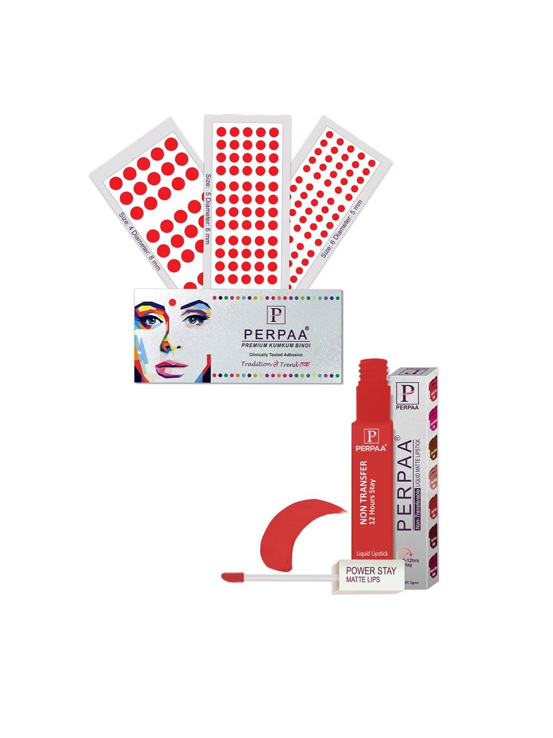 PERPAA Power Stay Non Transfer Lipstick - Shade 01 & Set of 3 Premium Red Bindis - view 1