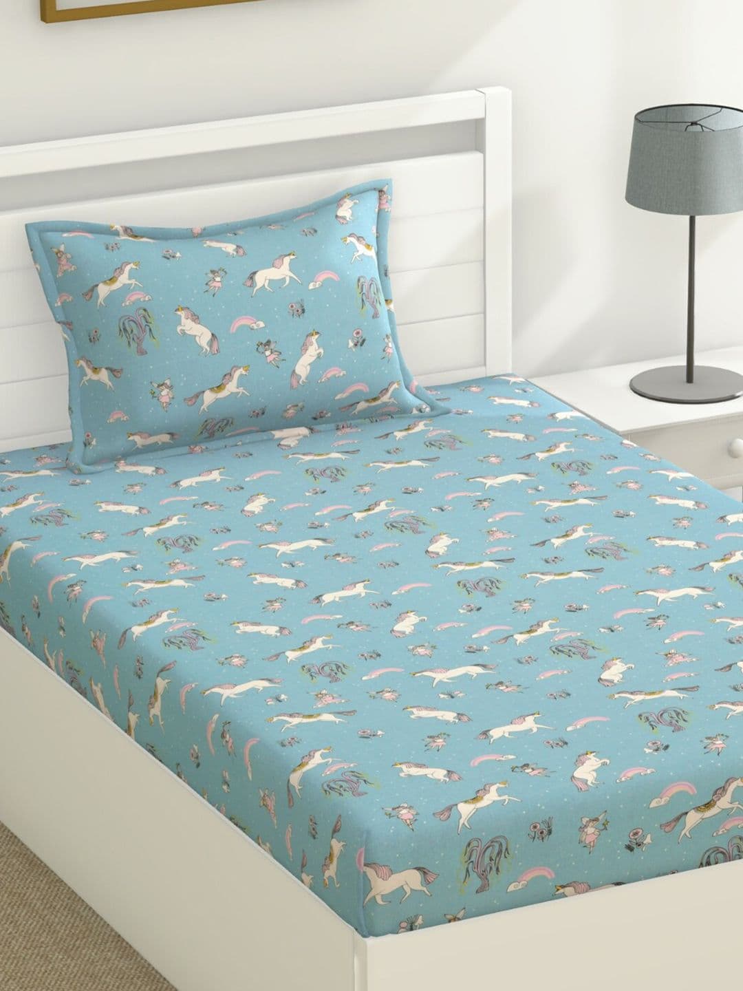 haus & kinder Turquoise Blue Printed Pure Cotton 120 TC Single Bedsheet & 1 Pillow Cover - view 1
