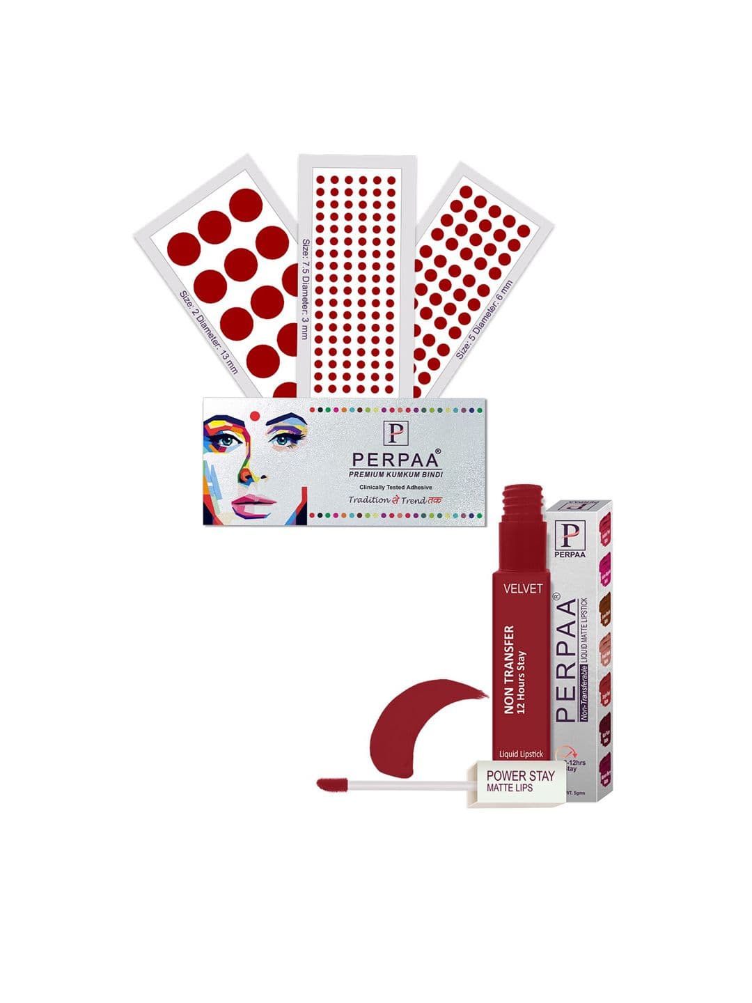 PERPAA Power Stay Non Transfer Lipstick-22 & Set of 3 Premium Red Bindis-Size 7.5,02,05 - view 1