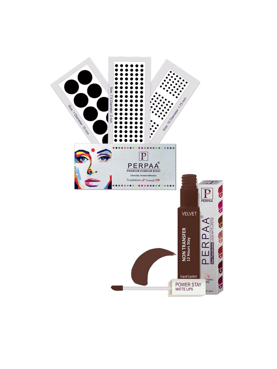 PERPAA Power Stay Non Transfer Lipstick-16 & Set of 3 Premium Black Bindis- Size 7.5,01,10 - view 1