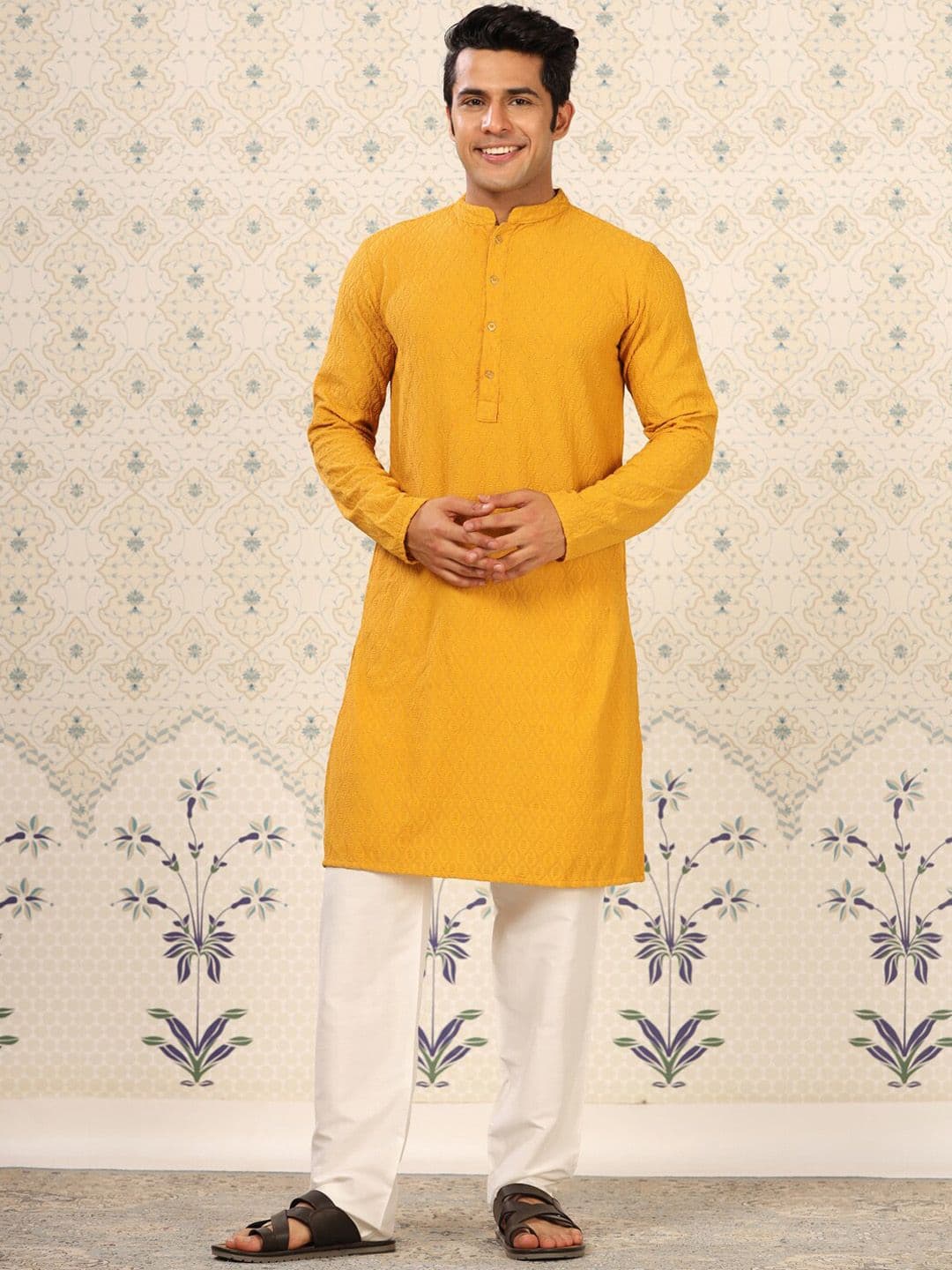 House of Pataudi Floral Embroidered Thread Work Straight Kurta - view 1