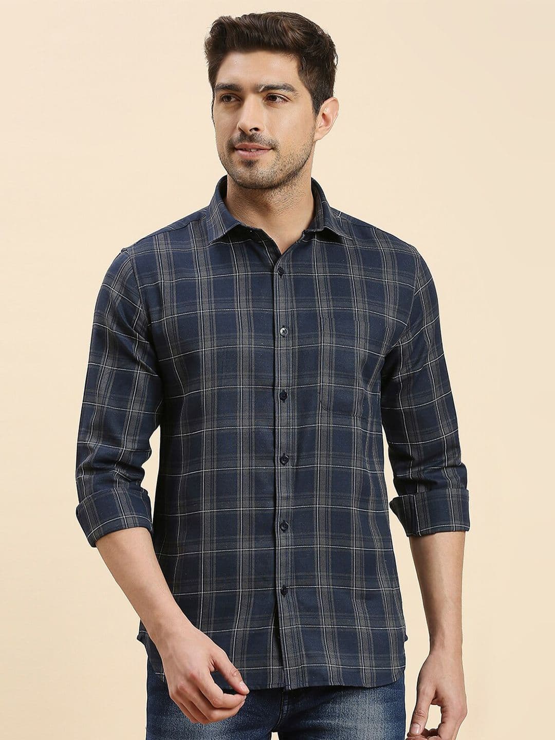 encore by INVICTUS Navy Blue & Beige Tartan Checked Original Slim Fit Twill Casual Shirt - view 1