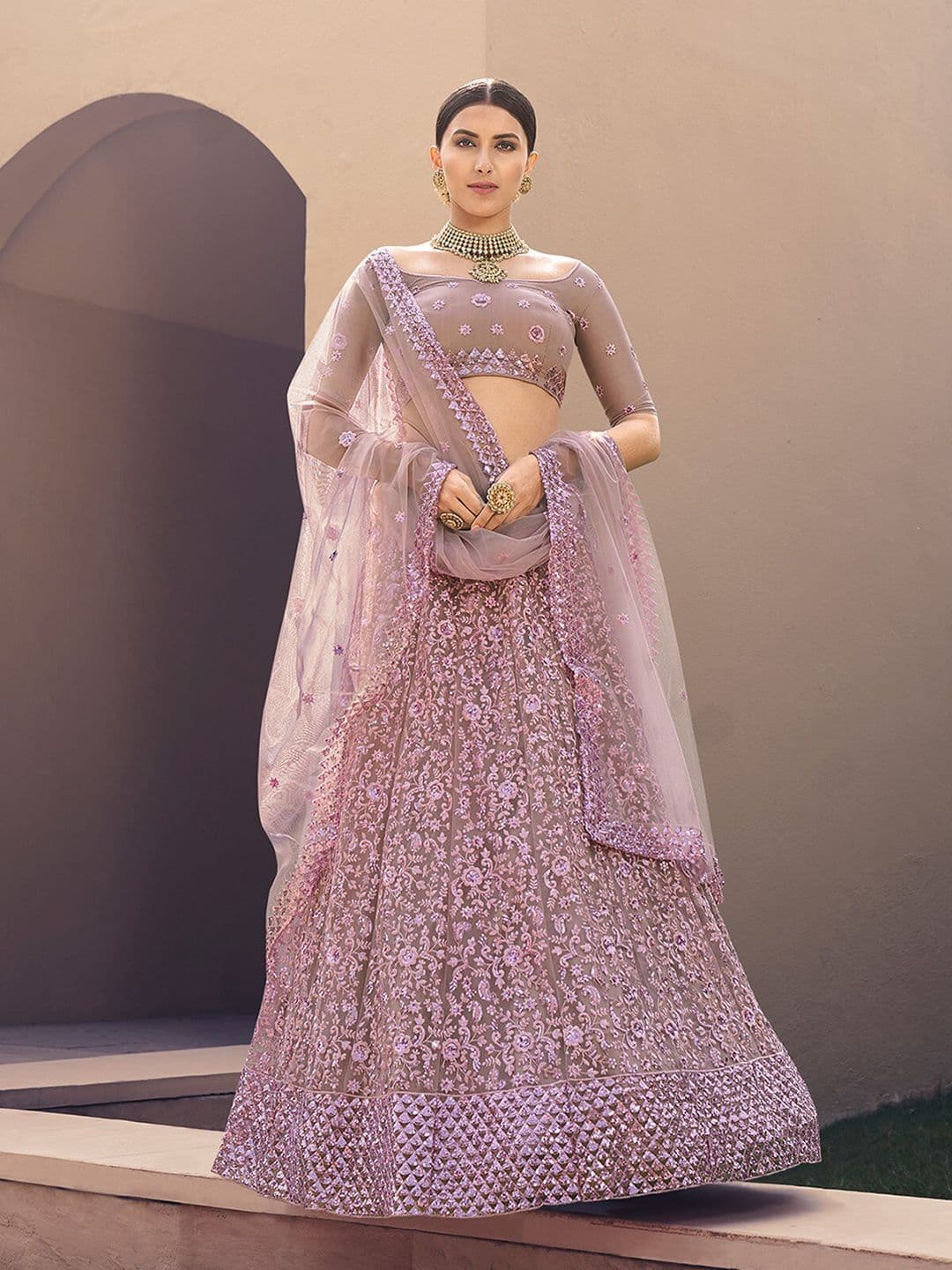ODETTE Embroidered Thread Work Semi-Stitched Lehenga & Unstitched Blouse With Dupatta - view 1