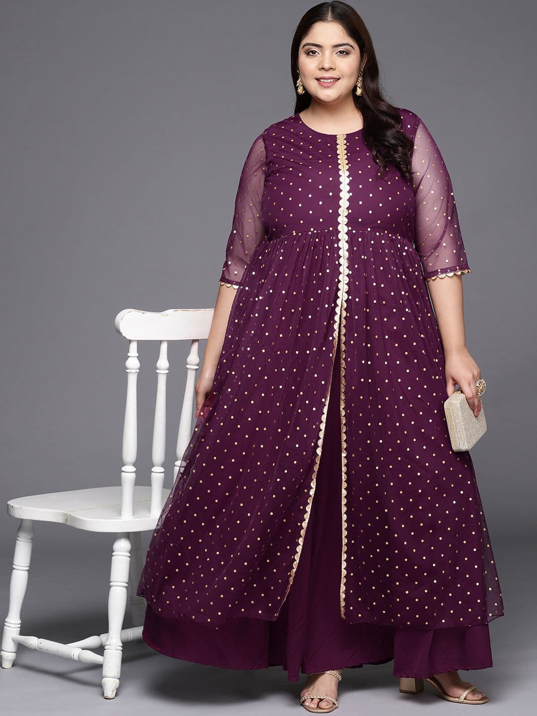 A PLUS BY AHALYAA Plus Size Round neck Net Maxi Ethnic Dress - view 1