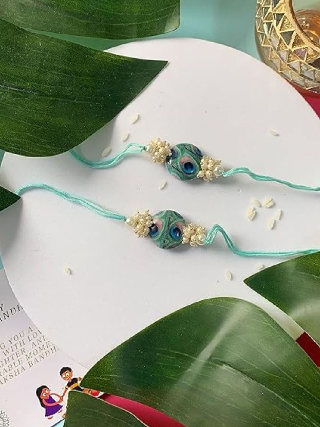 I Jewels Set Of 2 Kundan Studded Thread Rakhis With Roli Chawal