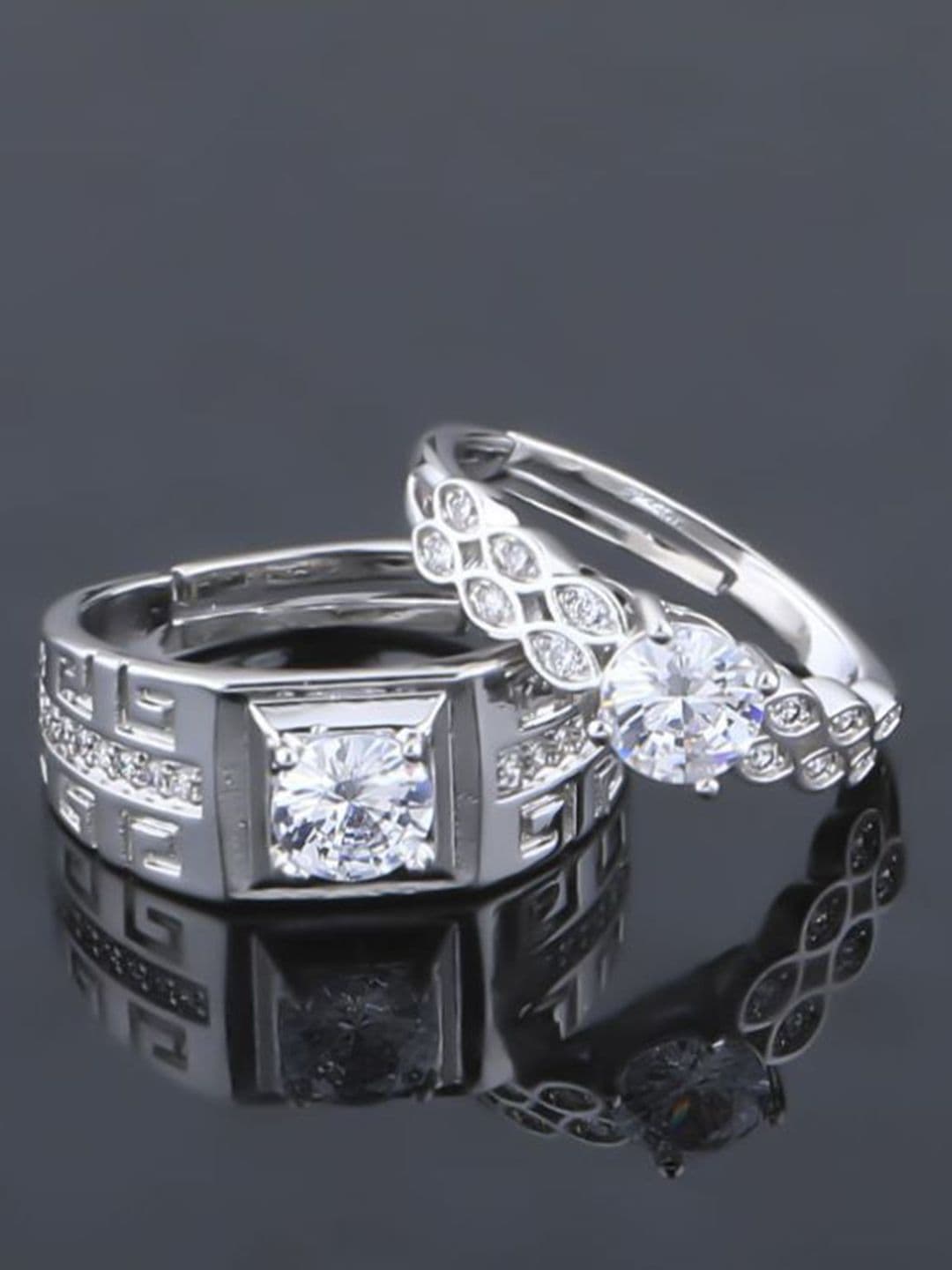 KARISHMA KREATIONS Set Of 2 Silver-Plated AD-Studded Couple Stainless Steel Finger Rings - view 1