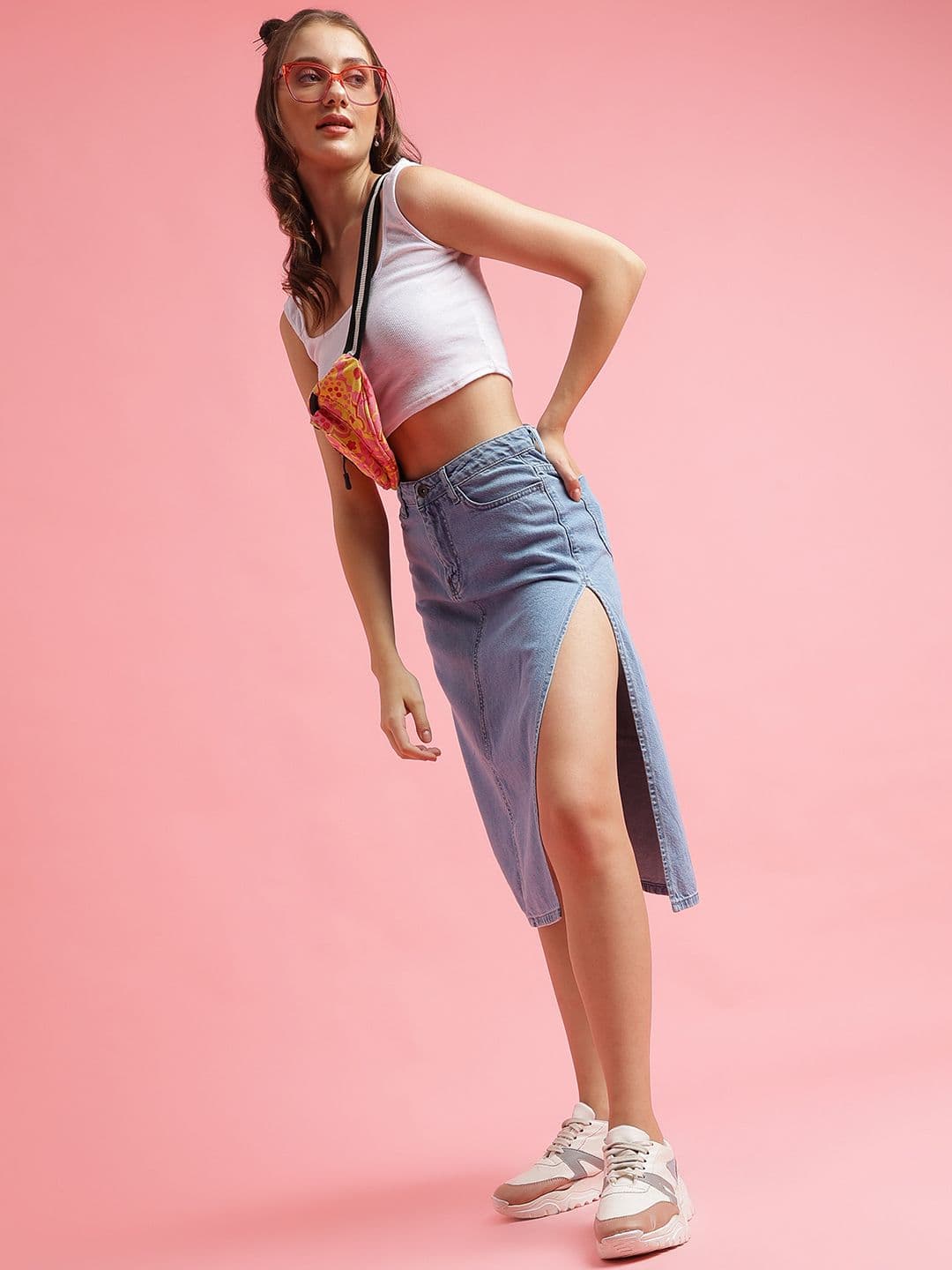 Belliskey Women Solid Blue Side Slit Knee Length Denim Skirt - view 1