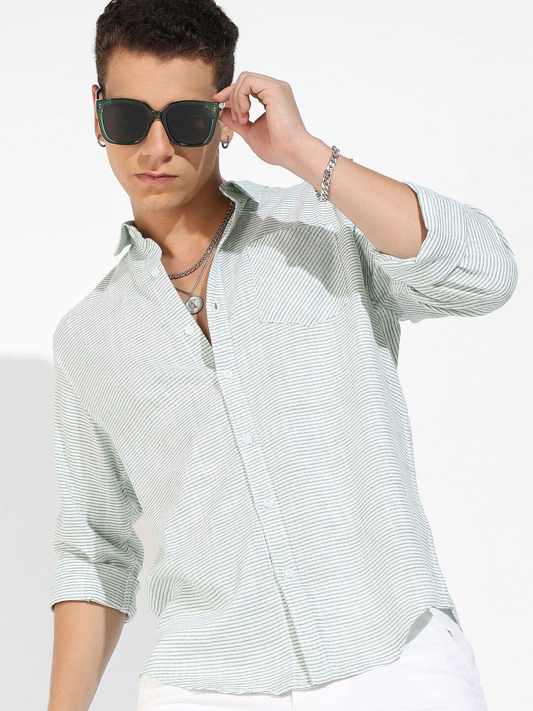 CAHOOT White & Green Classic Striped Cotton Casual Shirt - view 1