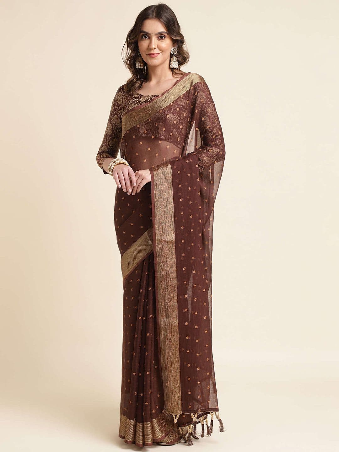 Mitera Coffee Brown & Gold-Toned Floral Printed Zari Border Pure Chiffon Saree - view 1