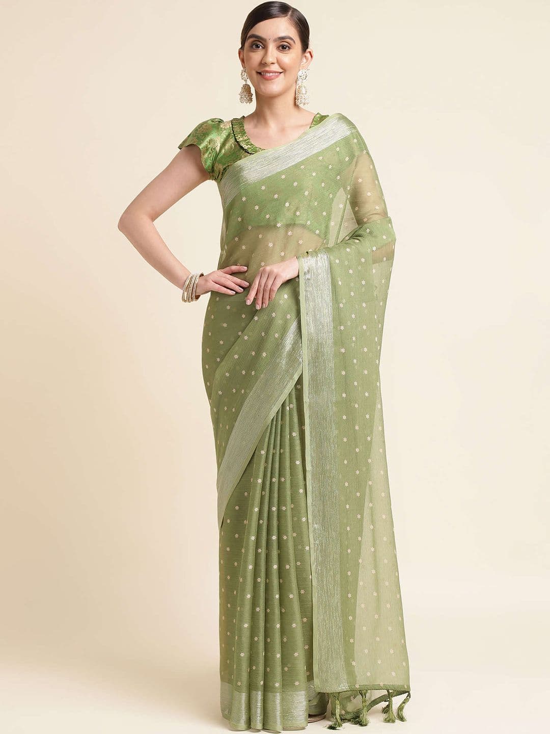 Mitera Green & Silver-Toned Floral Zari Pure Chiffon Saree - view 1
