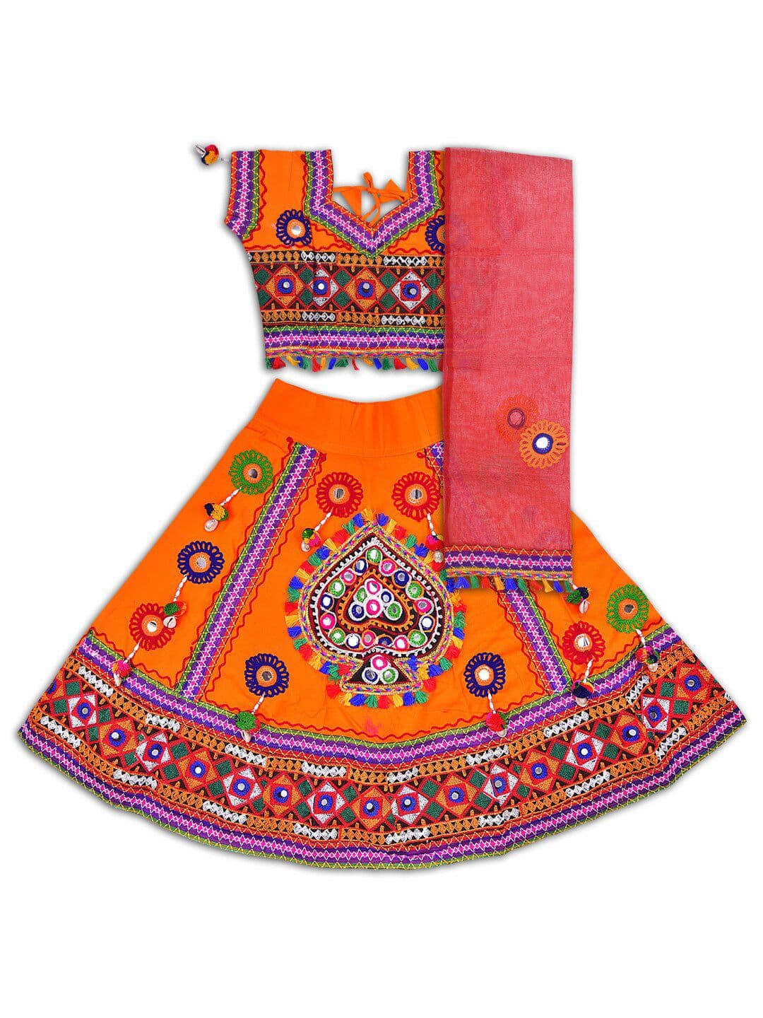 Wish Karo Girls Embroidered Mirror Work Cotton Ready to Wear Lehenga & Blouse With Dupatta - view 1