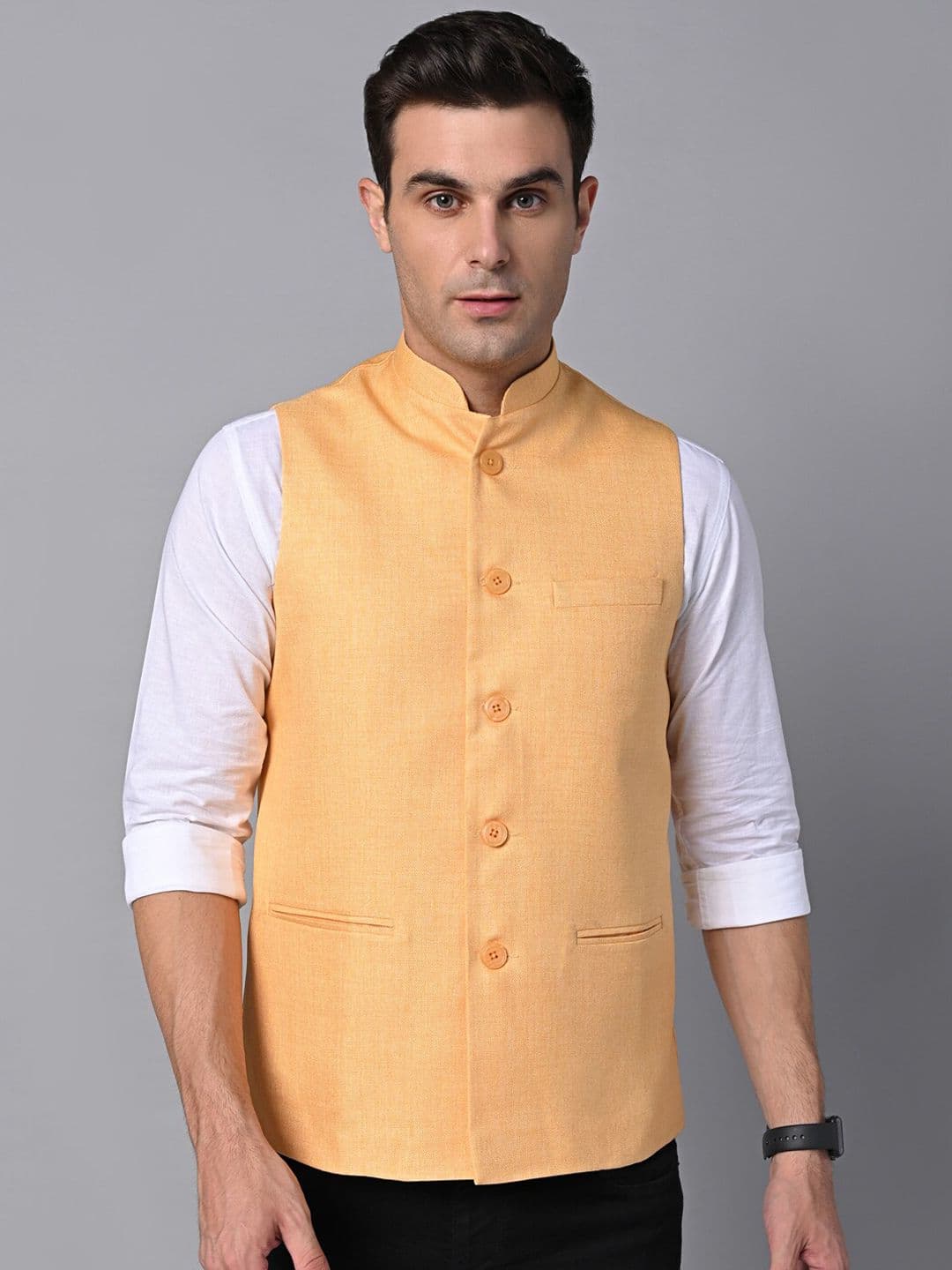 Vastraa Fusion Mandarin Collar Jute Cotton Nehru Jacket - view 1
