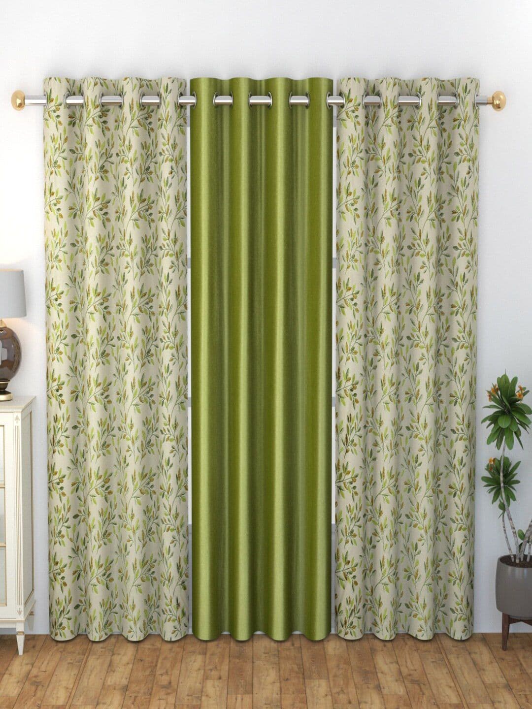 Homefab India Grommet Green & White 3 Pieces Printed Door Curtain - view 1