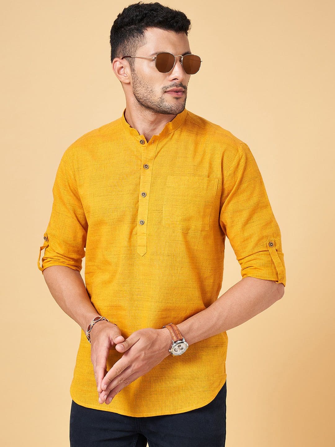 indus route by Pantaloons Mandarin Collar Straight Pure Cotton Kurta - view 1