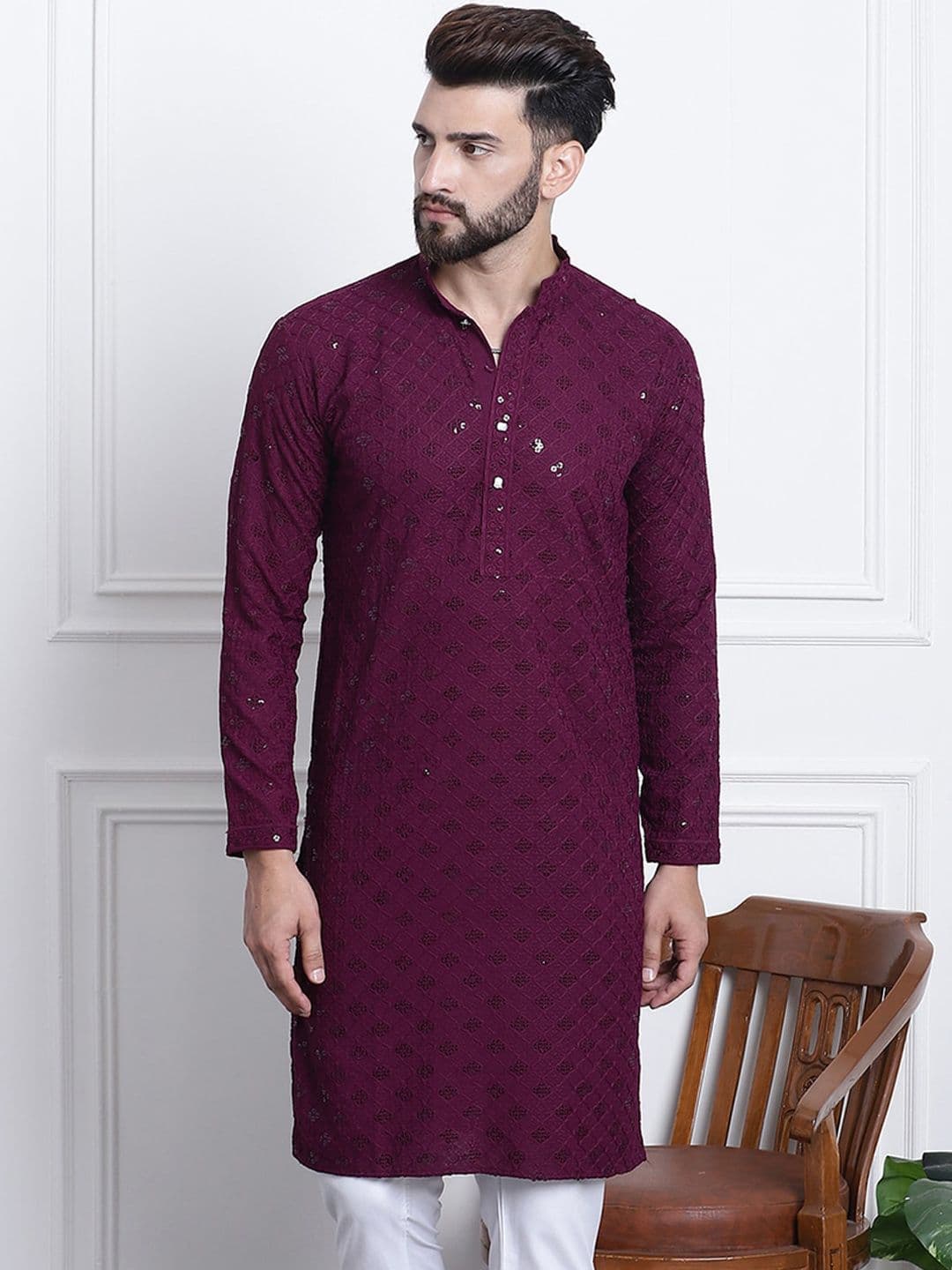 SOJANYA Embellished Mandarin Collar Pure Cotton Kurta - view 1
