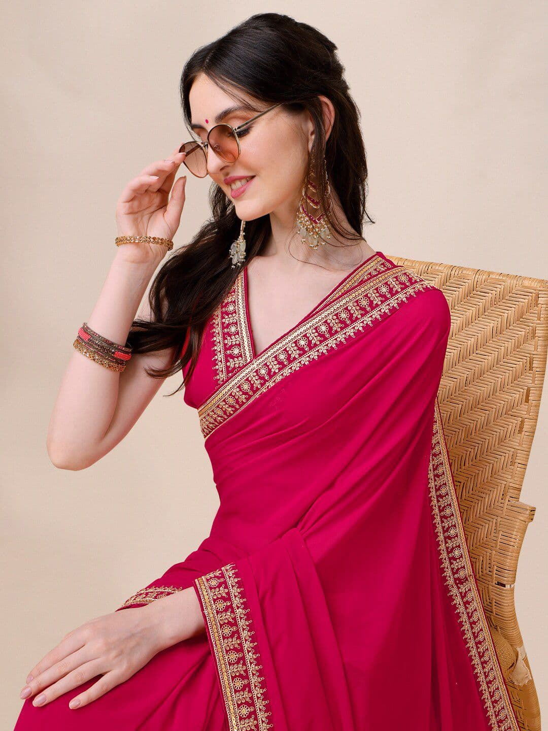 Sangria Women Sequinned Embroidered Border Saree with Blouse Piece - view 1