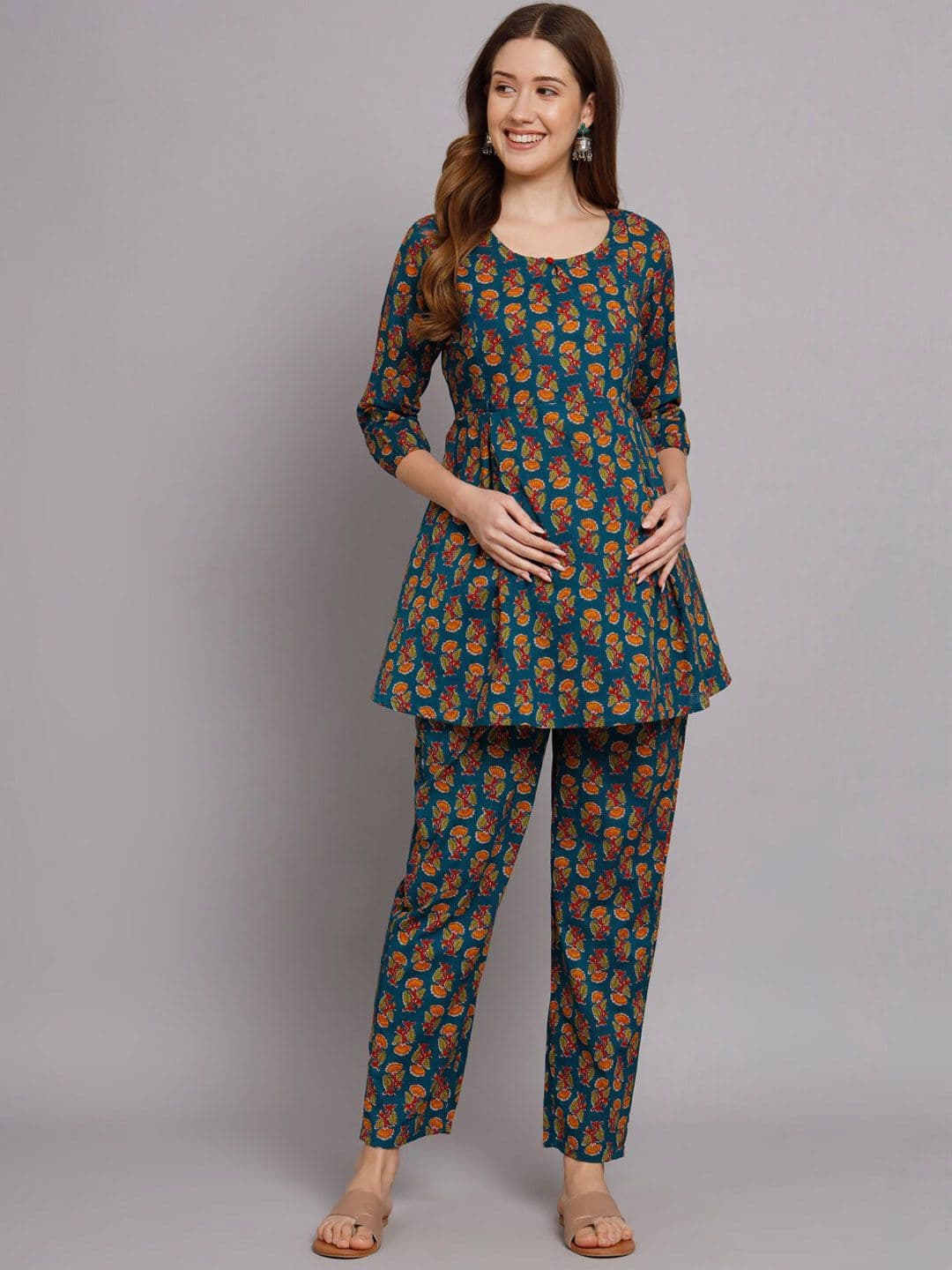 KALINI Round Neck Floral Printed Pure Cotton Maternity Feeding Tunic & Trouser Co Ords - view 1