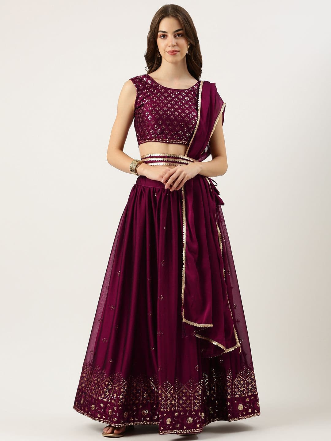 Fabcartz Embroidered Sequinned Semi-Stitched Lehenga & Unstitched Blouse With Dupatta - view 1